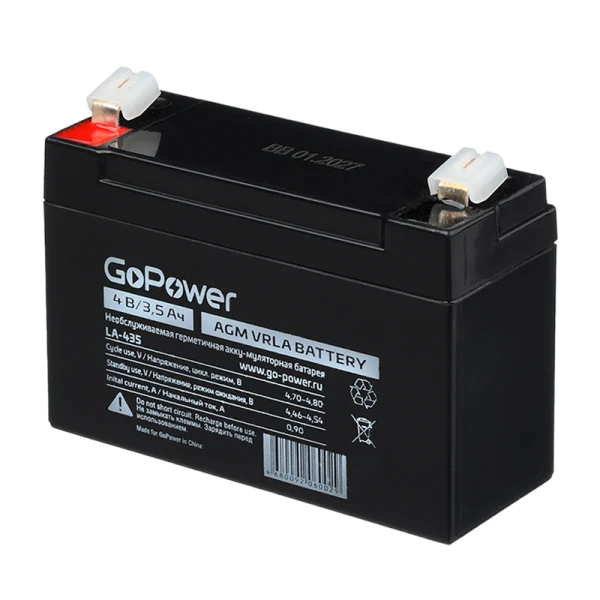 Аккумулятор свинцово-кислотный GoPower LA-435 4V 3.5Ah клеммы T1/ F1 (1/9/20)
