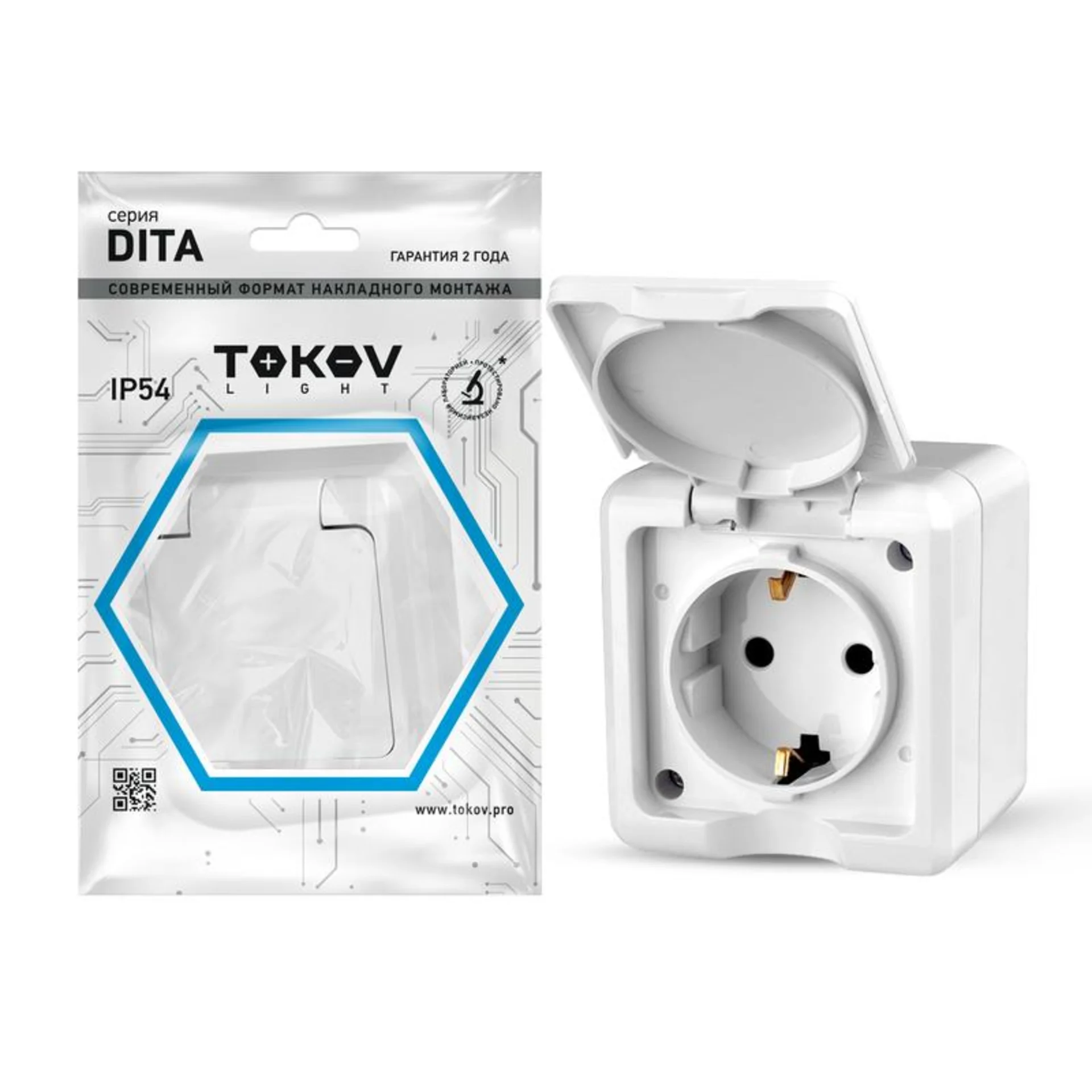 Розетка 1-м ОП Dita 16А IP54 250В с заземл. с крышкой бел. TOKOV ELECTRIC TKL-DT-R1Z-C01-IP54