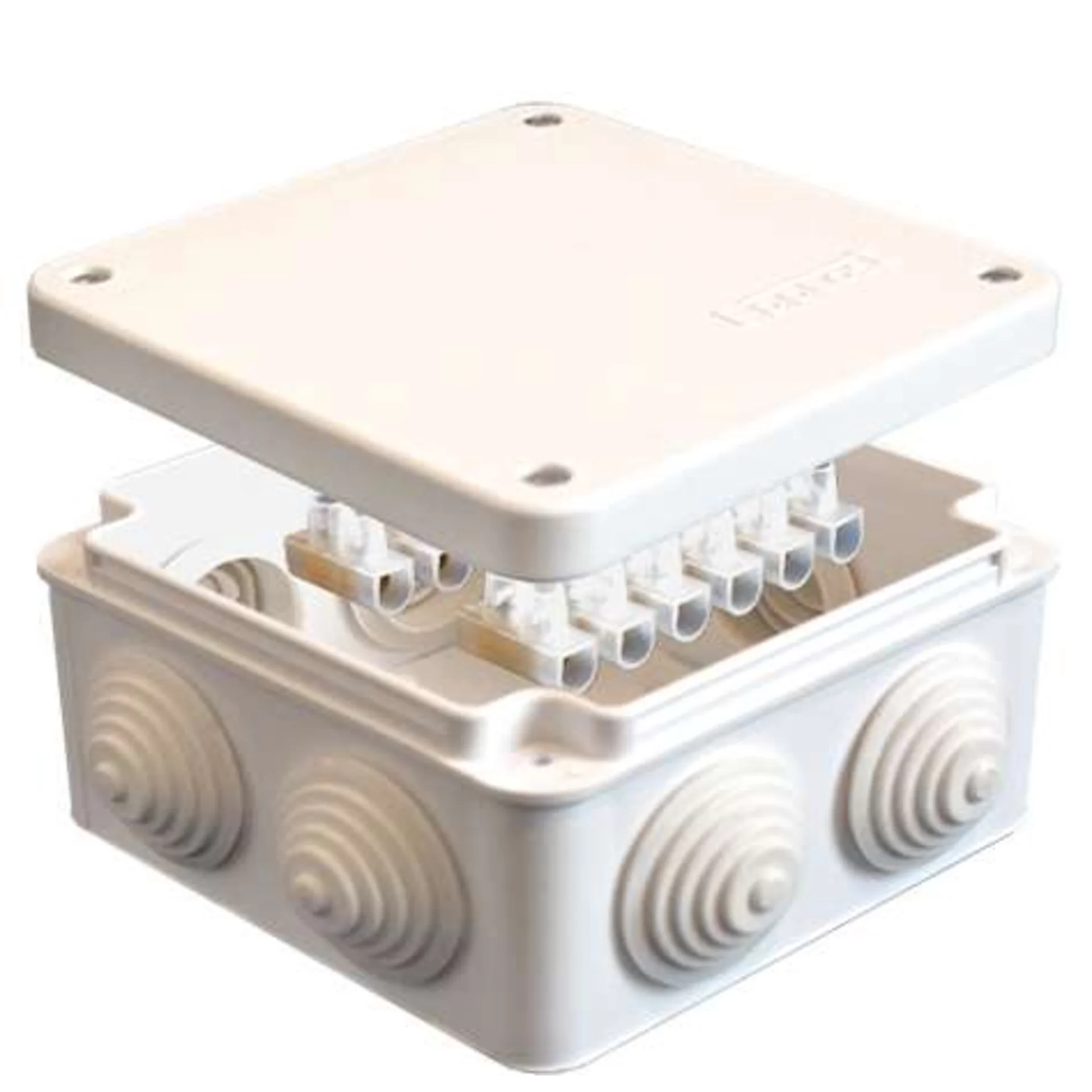 Коробка распределительная ОП 105х105х56мм IP54 с клемм. 7 выходов 4 гермоввода 10А 12 контактов крыш