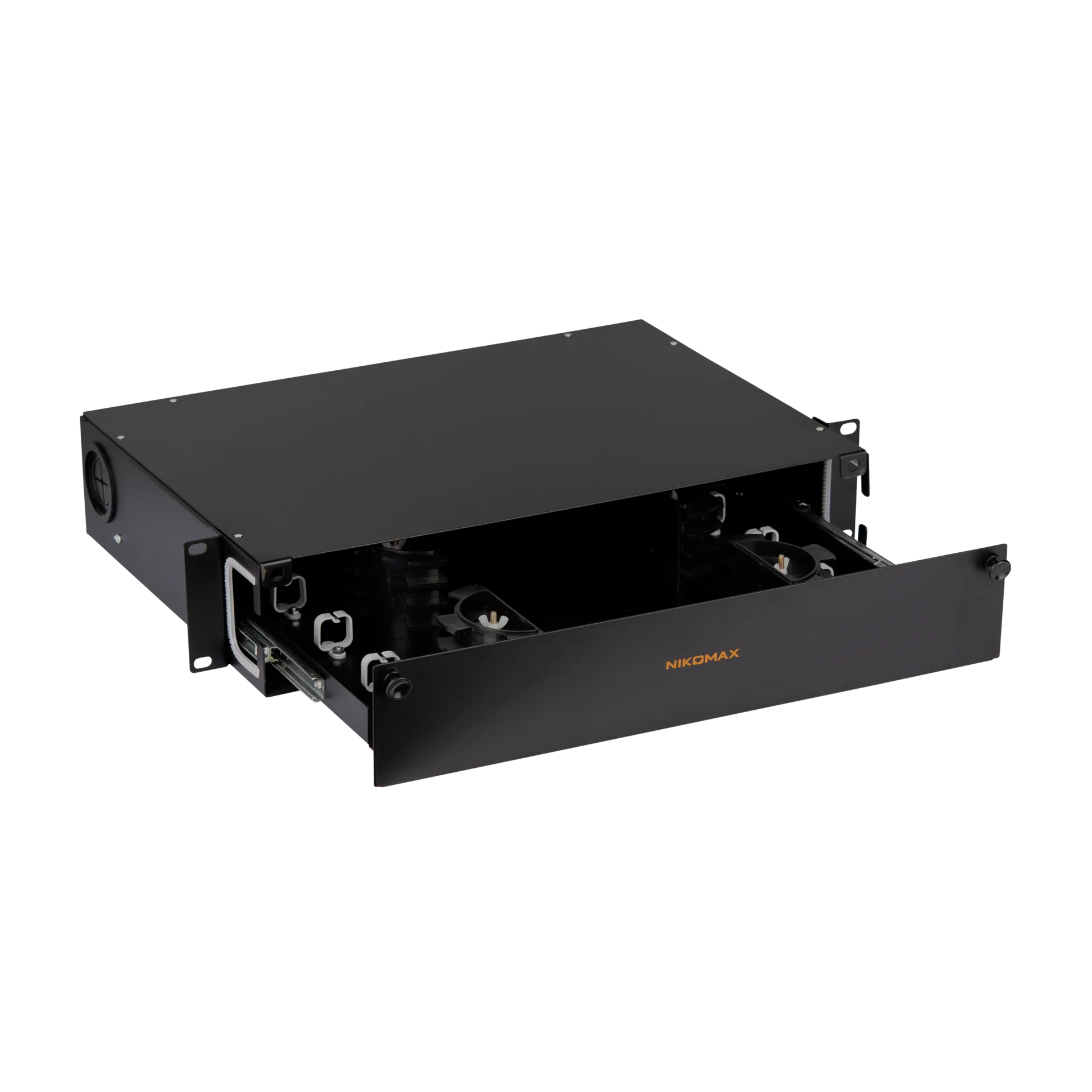 Органайзер оптический 19", 2U, металлический, с пластиковыми направляющими, черный