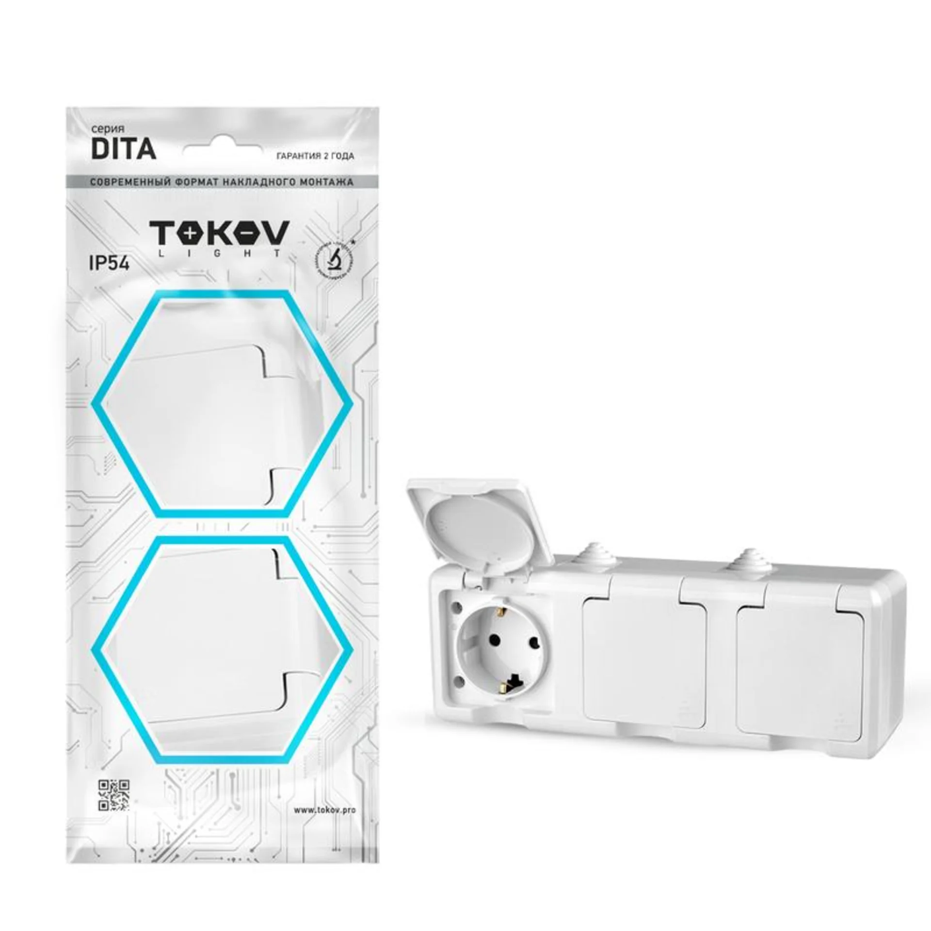 Розетка 3-м ОП Dita 16А IP54 250В с заземл. с крышкой бел. TOKOV ELECTRIC TKL-DT-R3Z-C01-IP54