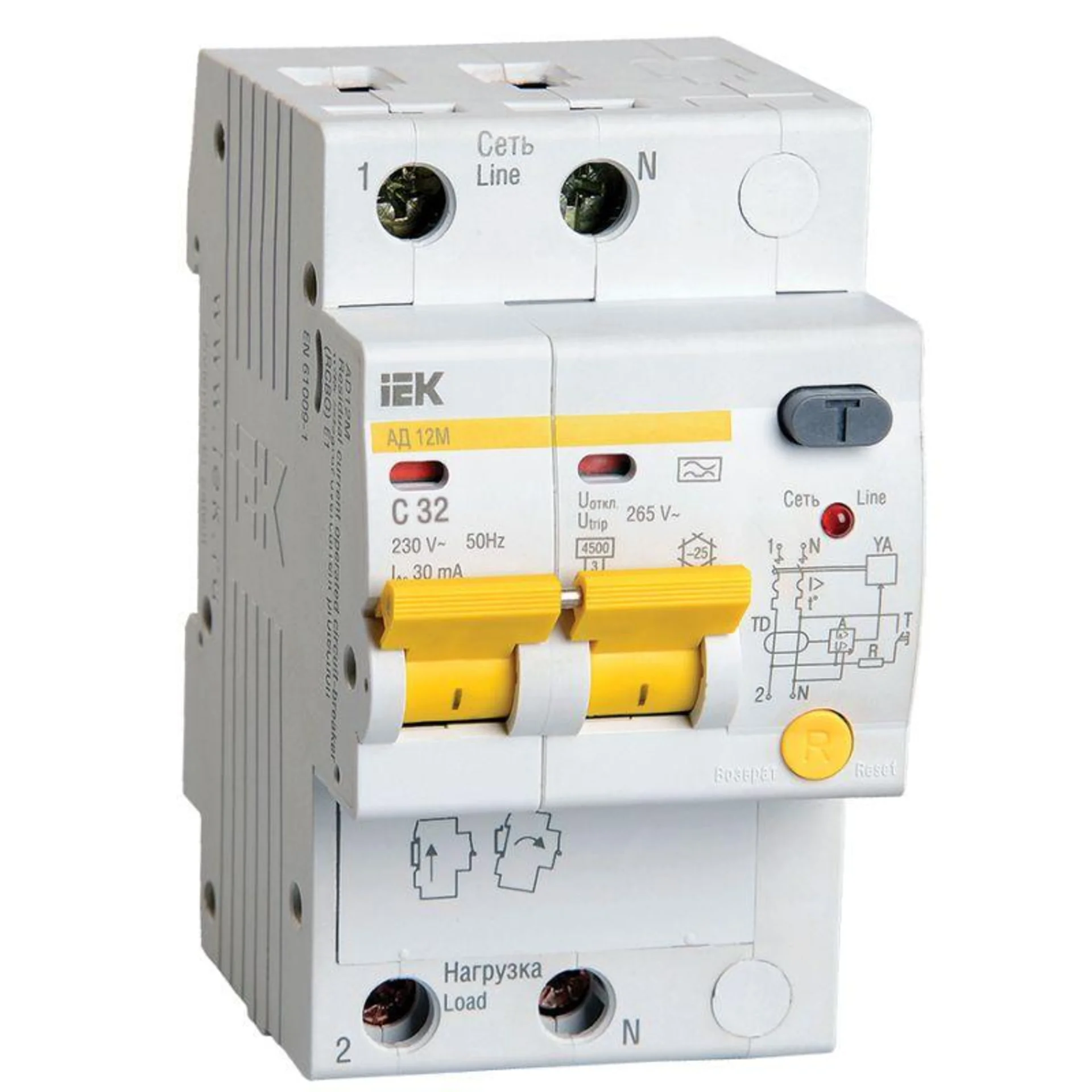 Выключатель автоматический дифференциального тока 2п C 32А 30мА тип A 4.5кА АД-12М IEK MAD12-2-032-C