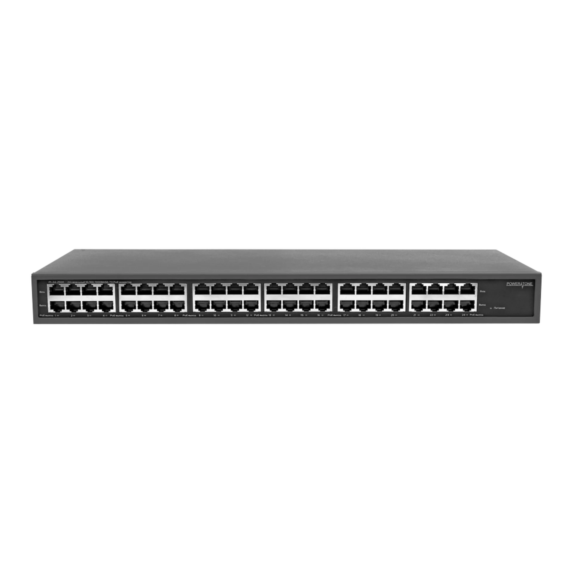 PoE инжектор стоечный неуправляемый PI-24-250R, 24x10/100/1000BASE-T PoE 802.3af&amp;at, PoE бюджет 250Вт