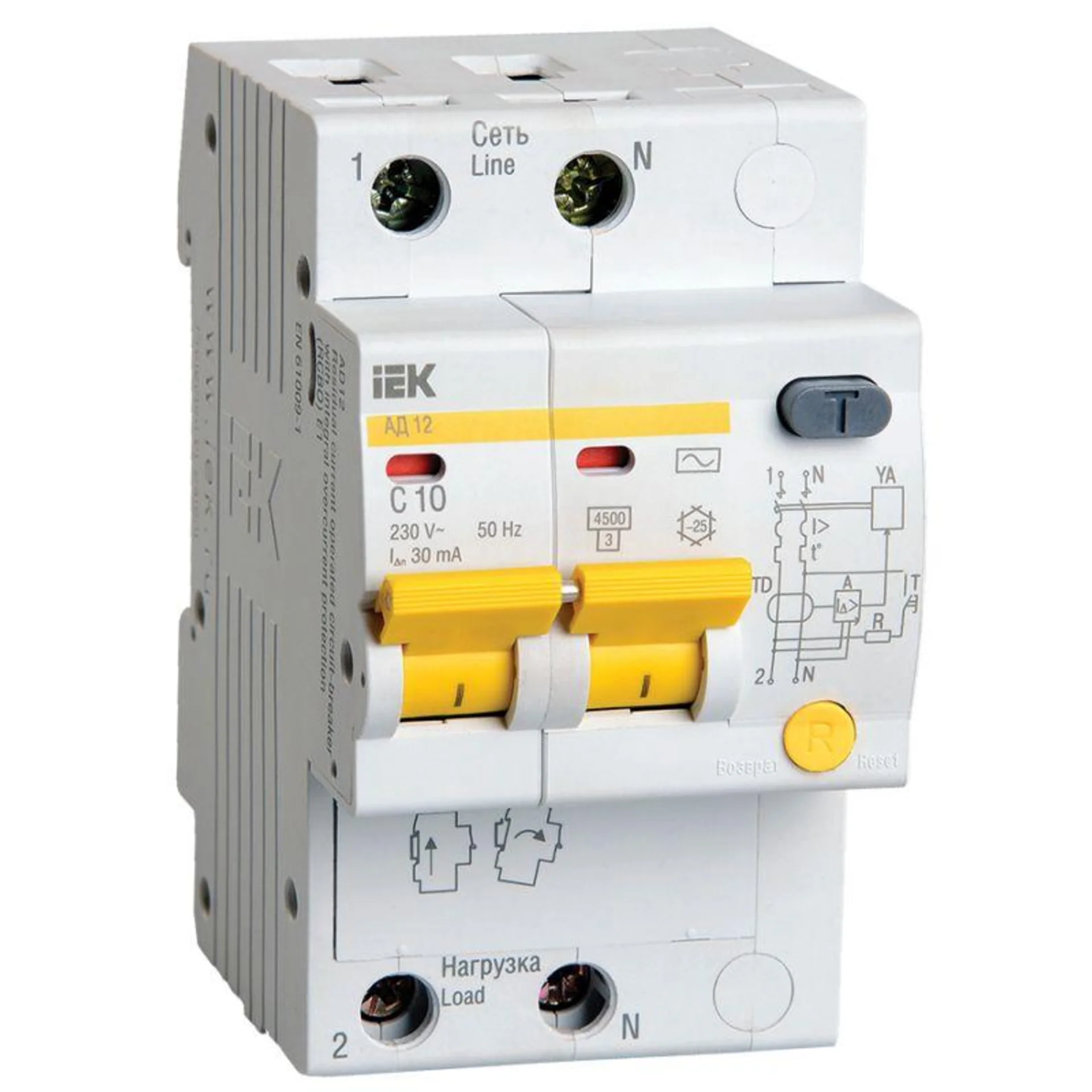 Выключатель автоматический дифференциального тока 2п C 10А 30мА тип AC 4.5кА АД-12 IEK MAD10-2-010-C