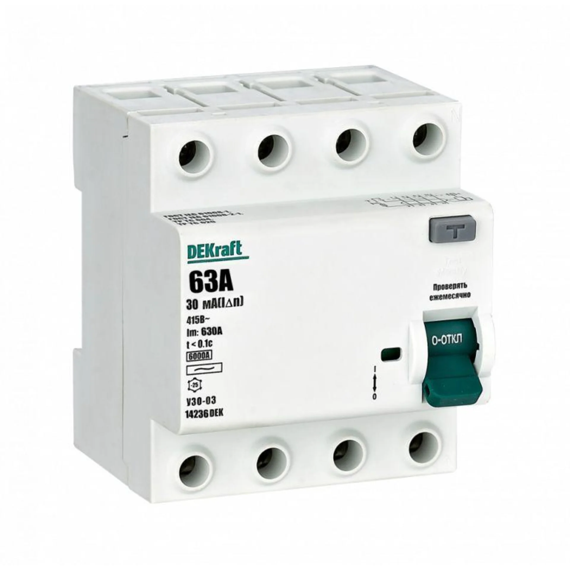 Выключатель дифференциального тока (УЗО) 4п 63А 30мА тип AC 6кА УЗО-03 DEKraft 14236DEK
