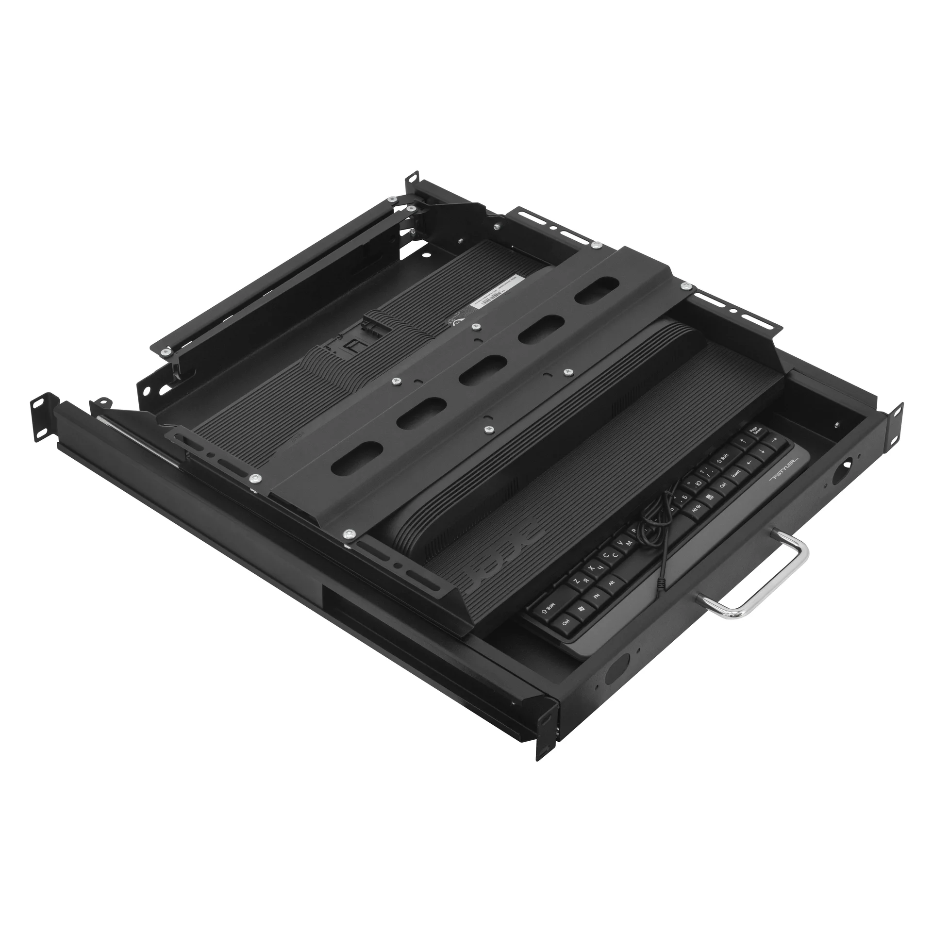 Полка выдвижная с монитором 19" и клавиатурой в шкафы глубиной 1200мм (глубина полки 950мм), цвет черный