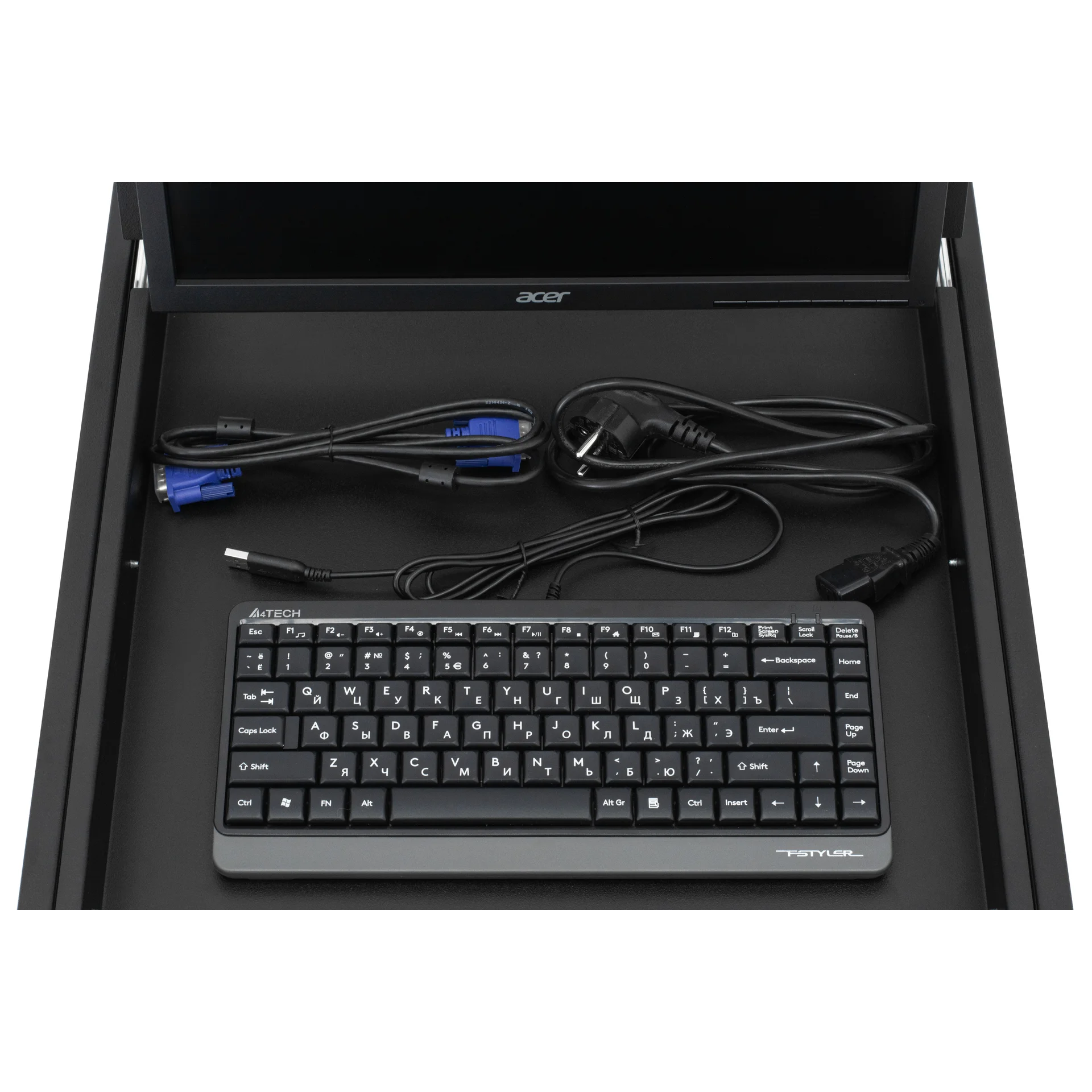 Полка выдвижная с монитором 19" и клавиатурой в шкафы глубиной 1200мм (глубина полки 950мм), цвет черный