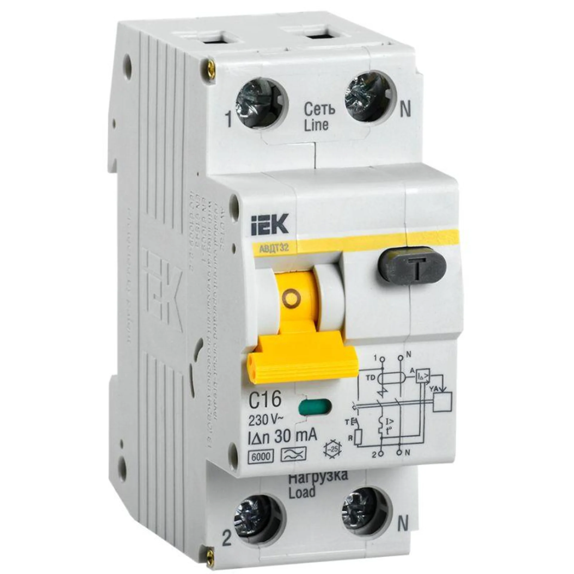 Выключатель автоматический дифференциального тока 2п (1P+N) C 16А 30мА тип A 6кА АВДТ-32 IEK MAD22-5