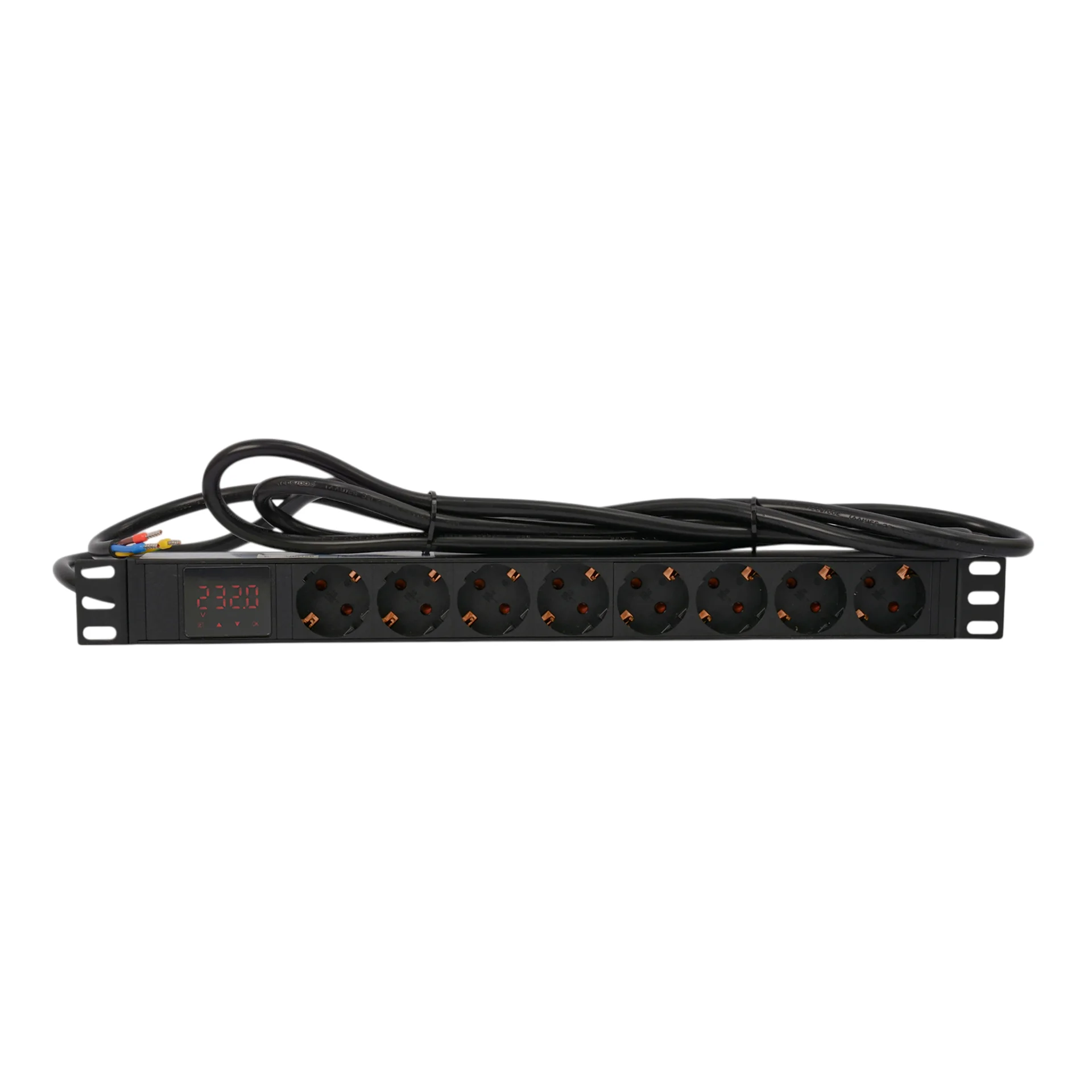 Блок розеток серии SNR-PDU с локальным измерением на 8хSchuko, шнур питания 3м 3x2.5мм² без вилки, 230В, 16A