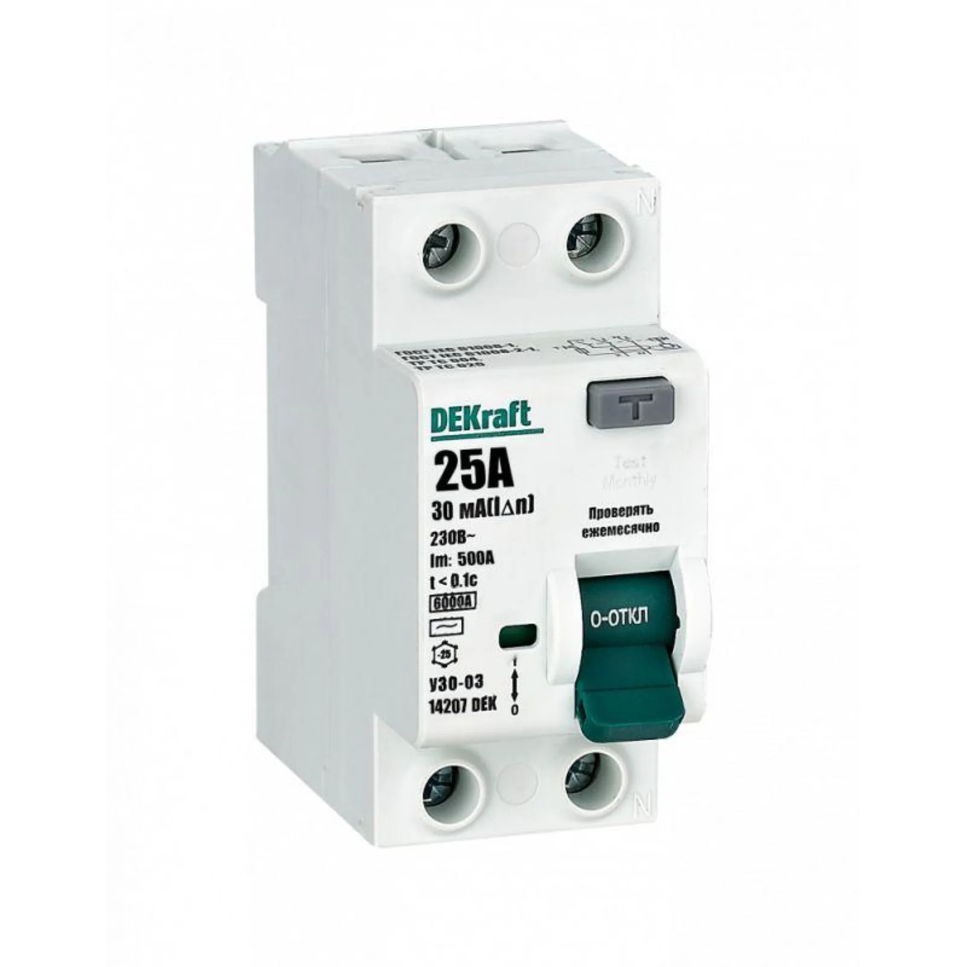 Выключатель дифференциального тока (УЗО) 2п 25А 30мА тип AC 6кА УЗО-03 DEKraft 14207DEK
