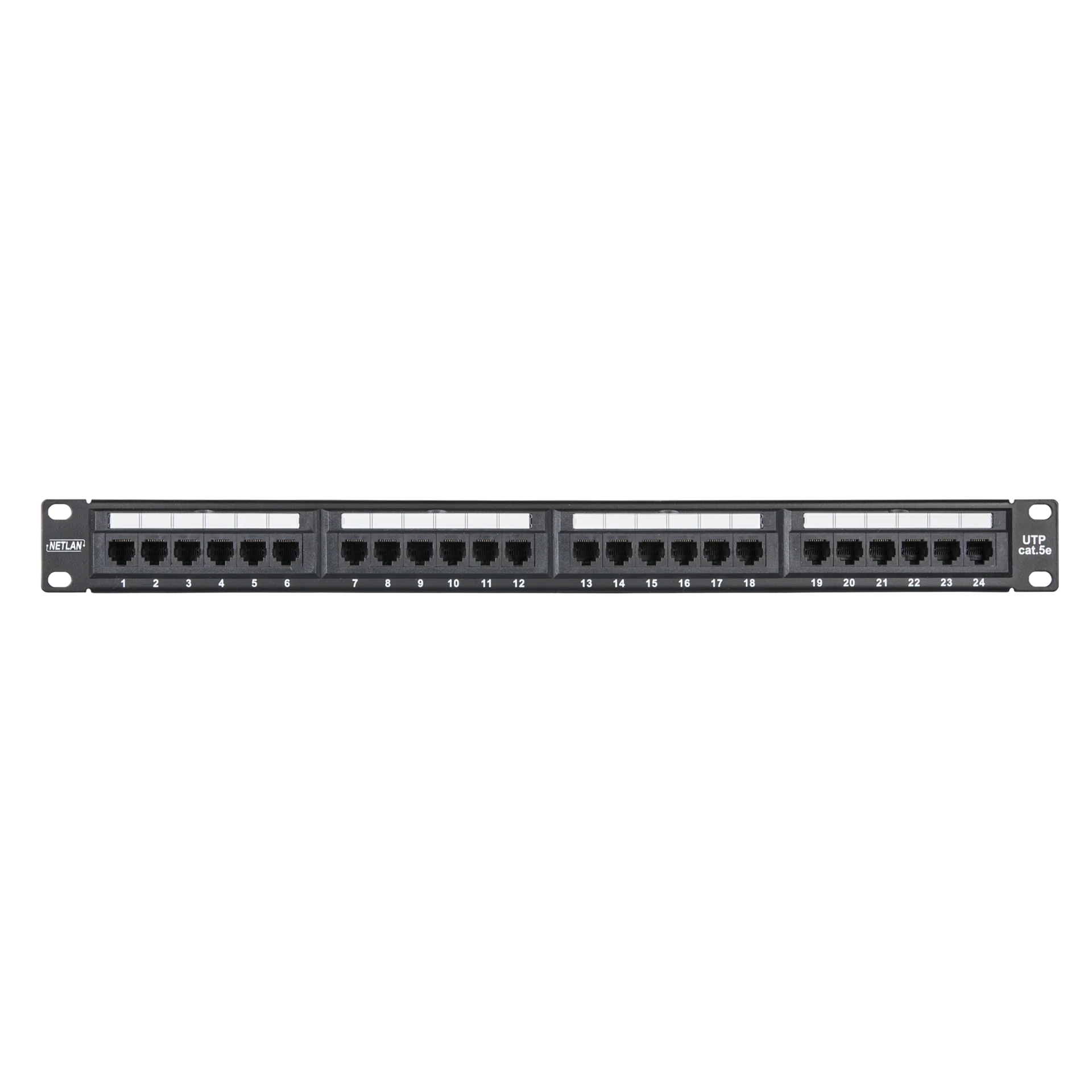 Коммутационная панель NETLAN 19", 1U, 24 порта, Кат.5e (Класс D), 100МГц, RJ45/8P8C, 110/KRONE, T568A/B, неэкранированная, черная