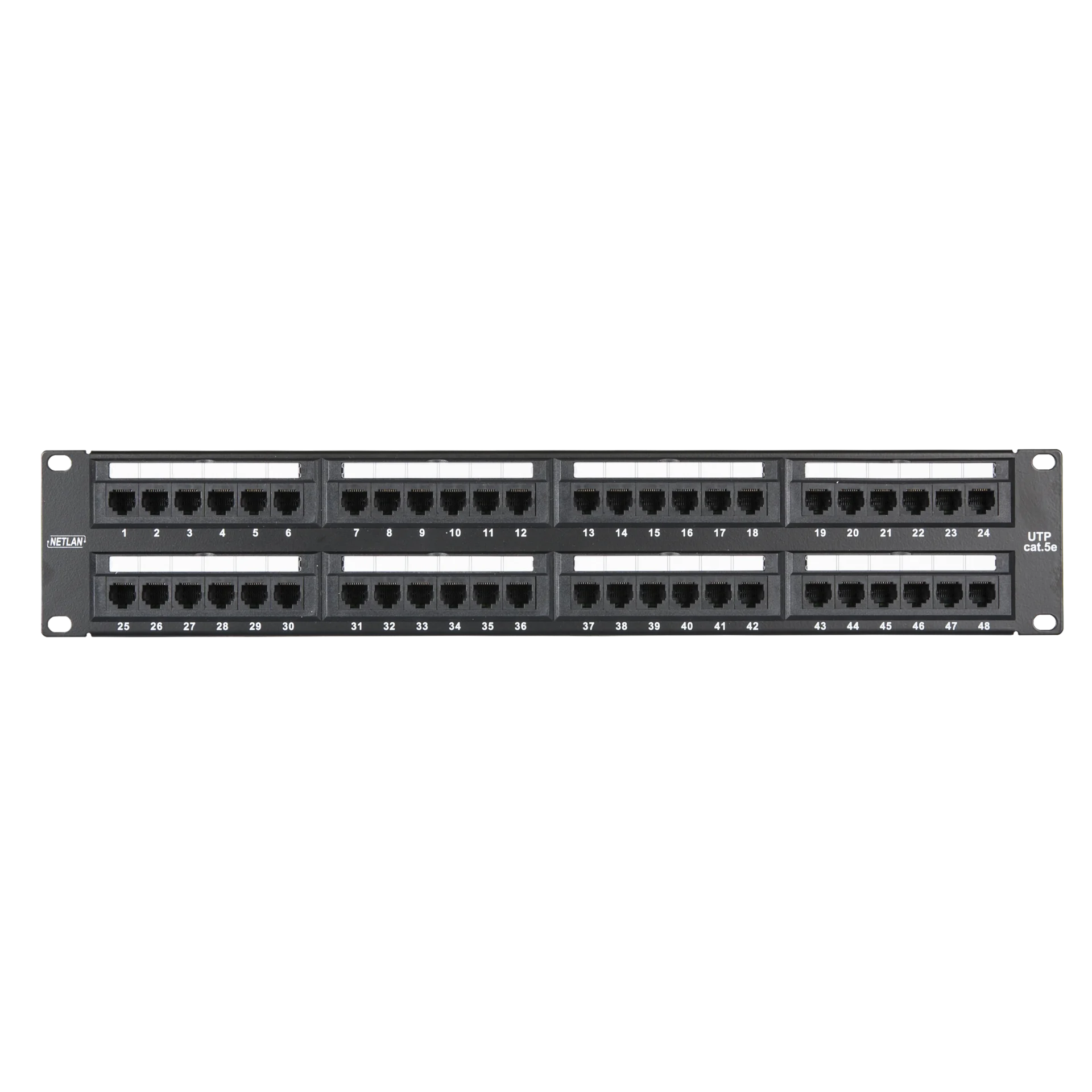 Коммутационная панель NETLAN 19", 2U, 48 портов, Кат.5e (Класс D), 100МГц, RJ45/8P8C, 110/KRONE, T568A/B, неэкранированная, черная