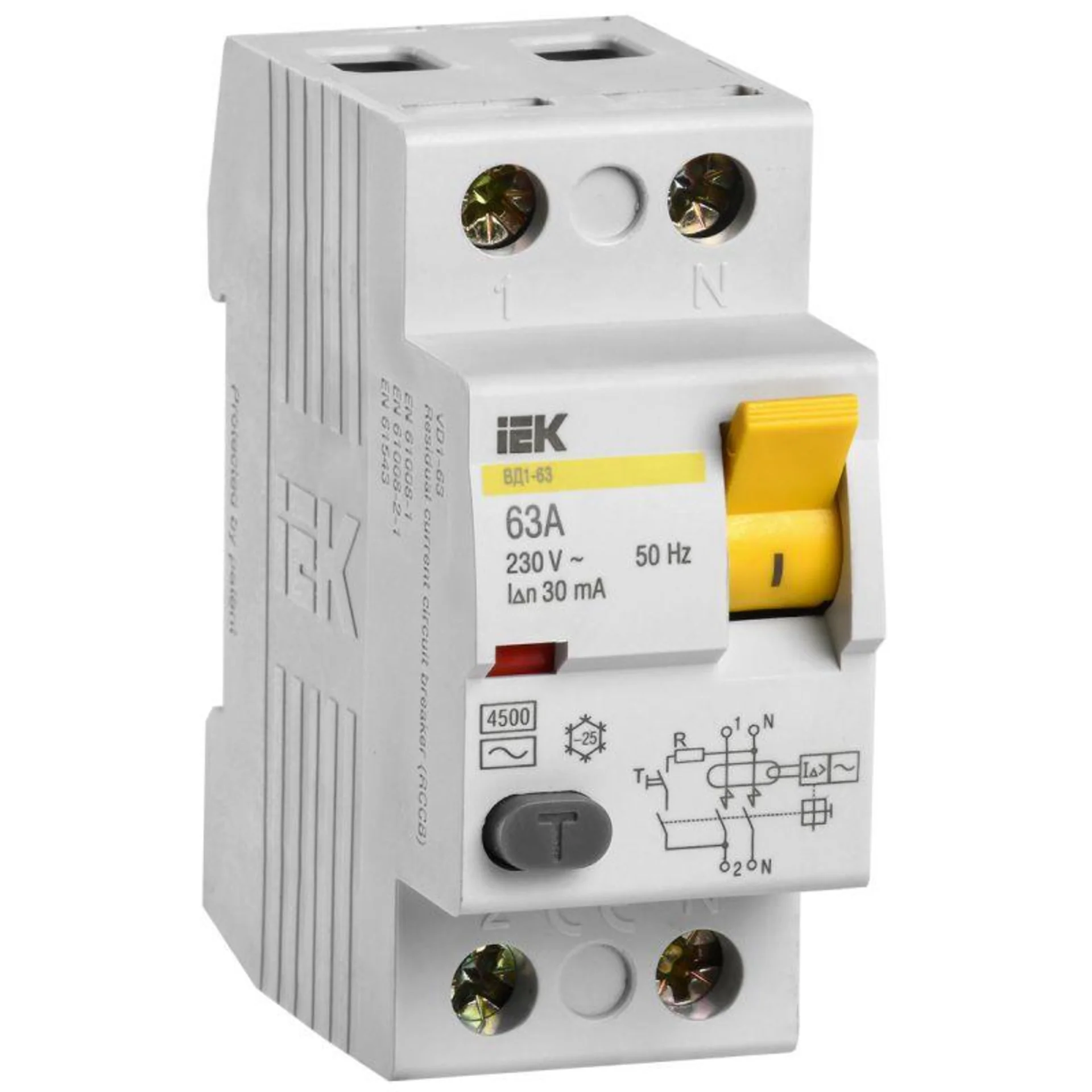 Выключатель дифференциального тока (УЗО) 2п 63А 30мА тип AC ВД1-63 IEK MDV10-2-063-030