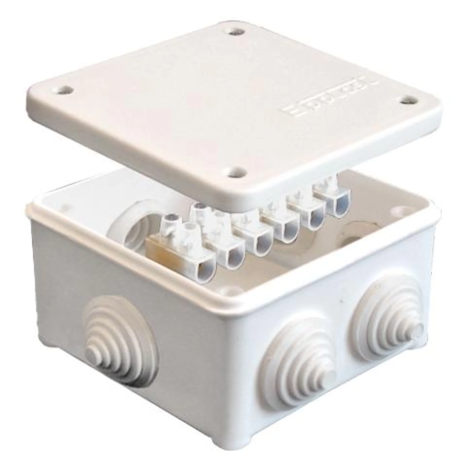 Коробка распределительная ОП 85х85х45мм IP54 с клемм. 7 выходов 3 гермоввода 10А 6 контактов крышка