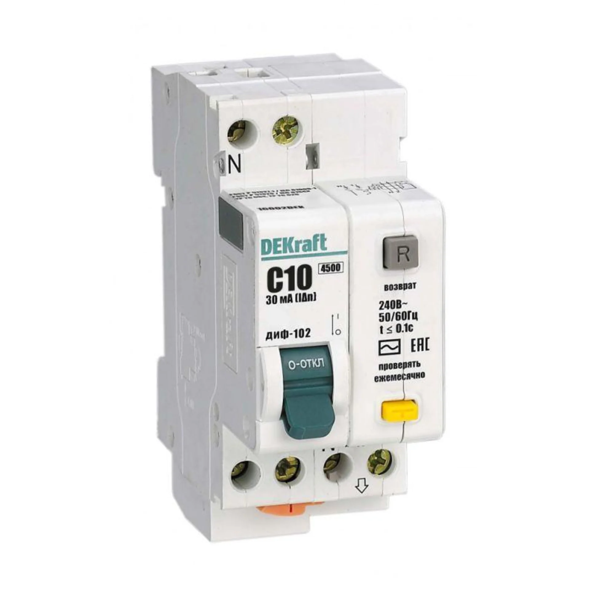 Выключатель автоматический дифференциального тока 2п (1P+N) C 10А 30мА тип AC 4.5кА ДИФ-102 2мод. DE
