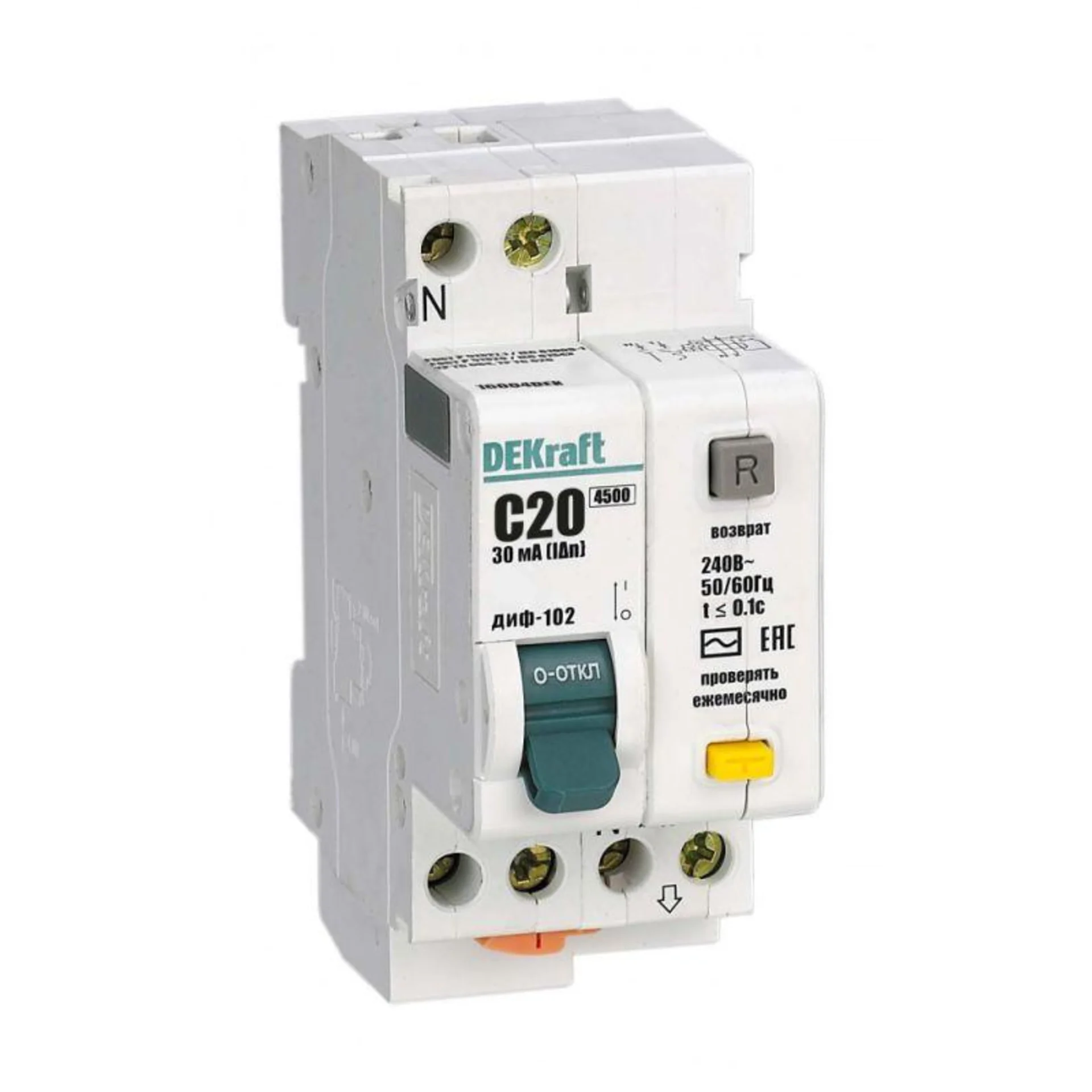 Выключатель автоматический дифференциального тока 2п (1P+N) C 20А 30мА тип AC 4.5кА ДИФ-102 2мод. DE