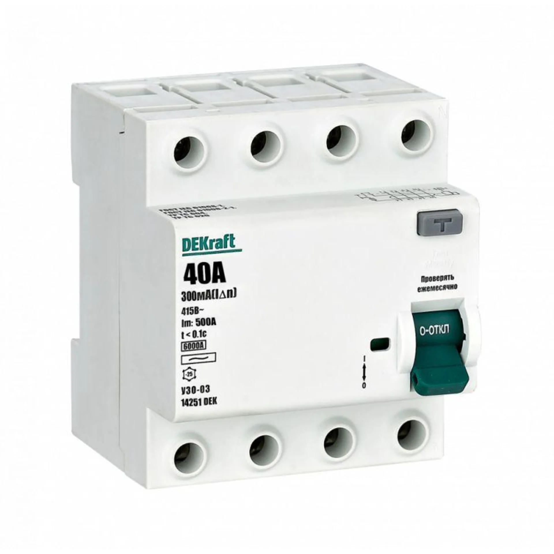 Выключатель дифференциального тока (УЗО) 4п 40А 300мА тип AC 6кА УЗО-03 DEKraft 14251DEK