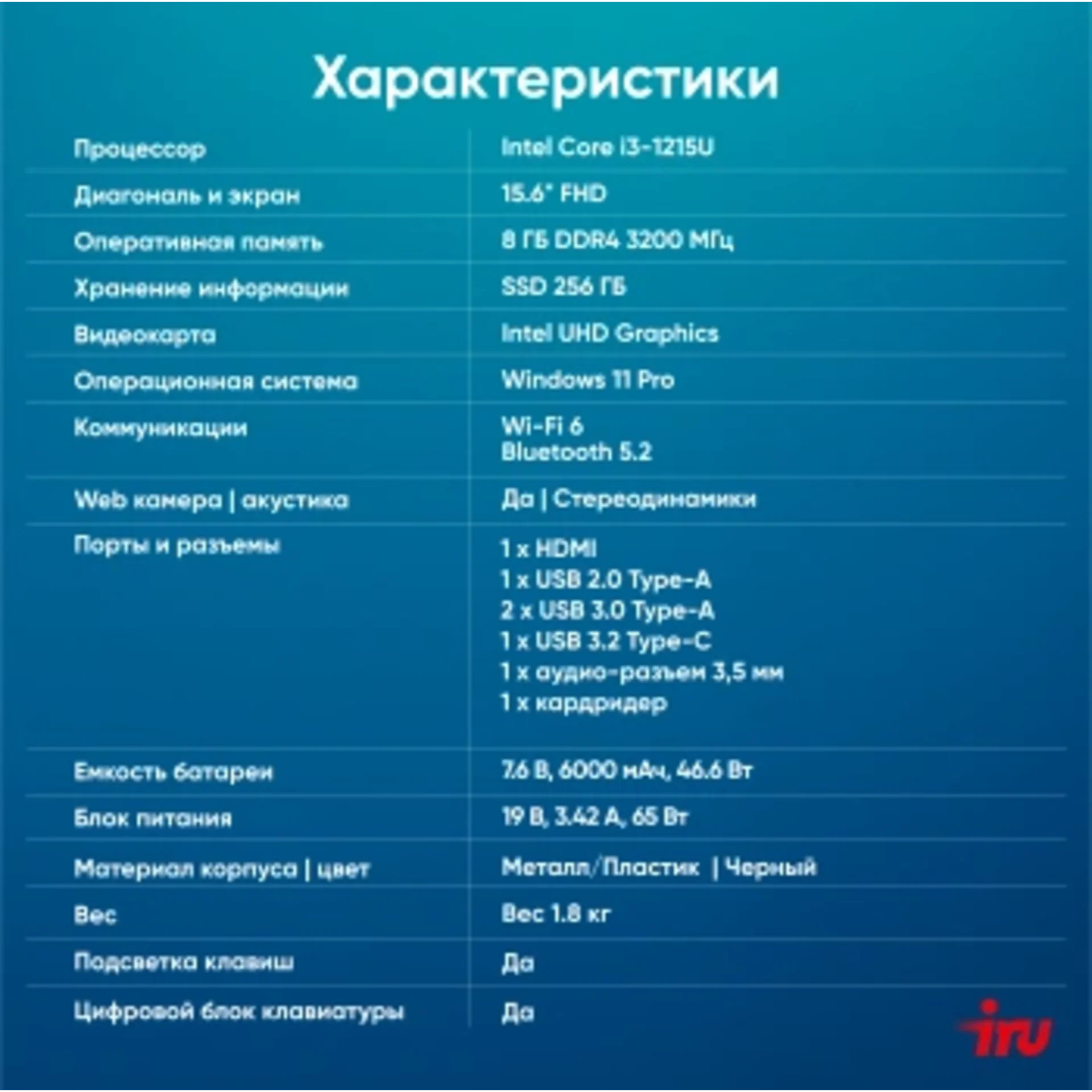 Ноутбук IRU Strato 15ALI Core i3 1215U 8Gb SSD256Gb Intel UHD Graphics 15.6" IPS FHD (1920x1080) Win