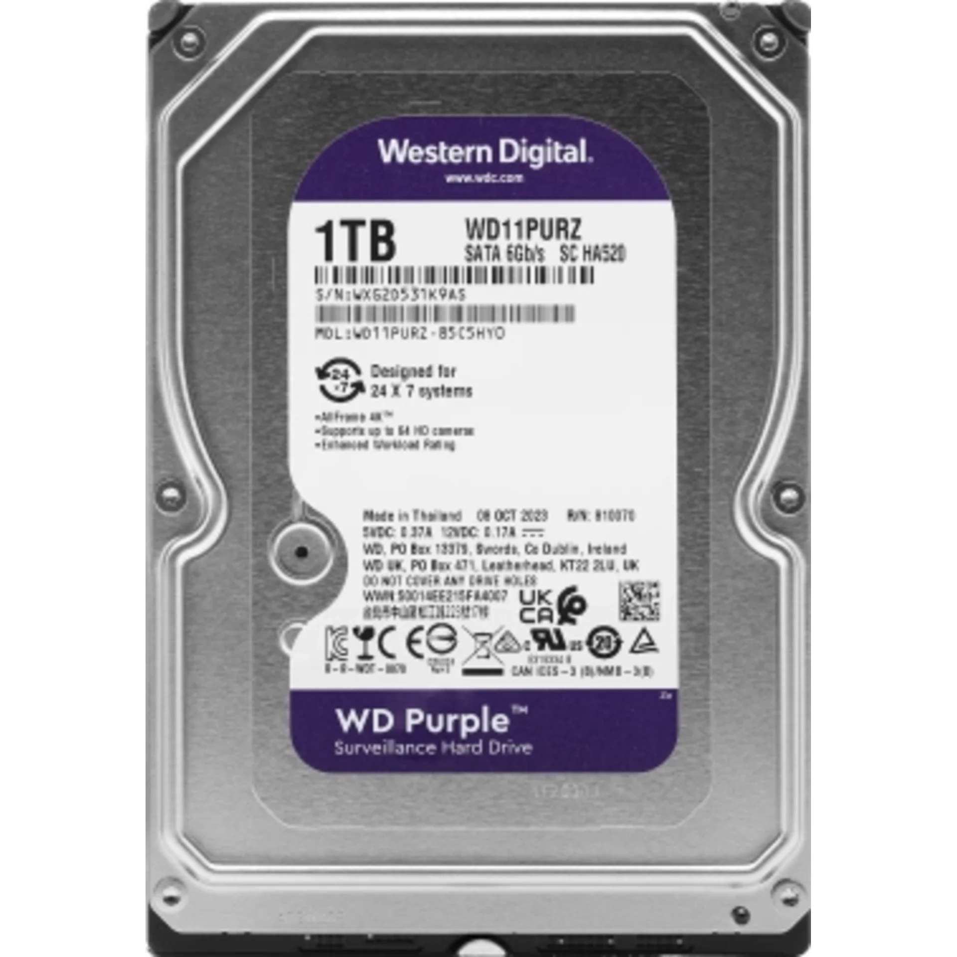 Жесткий диск WD SATA-III 1TB WD11PURZ Surveillance Purple (5400rpm) 64Mb 3.5"