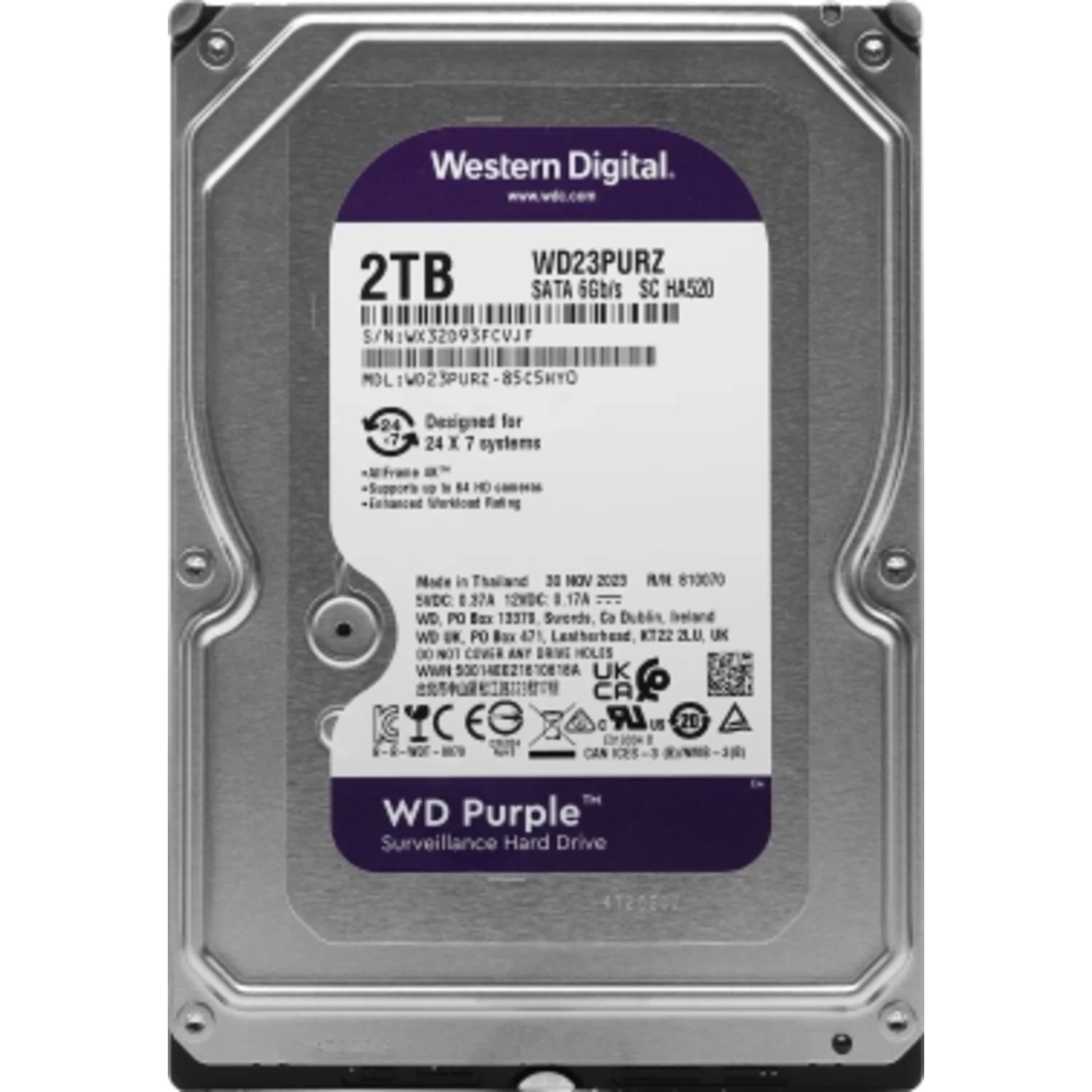 Жесткий диск WD SATA-III 2TB WD23PURZ Surveillance Purple (5400rpm) 64Mb 3.5"