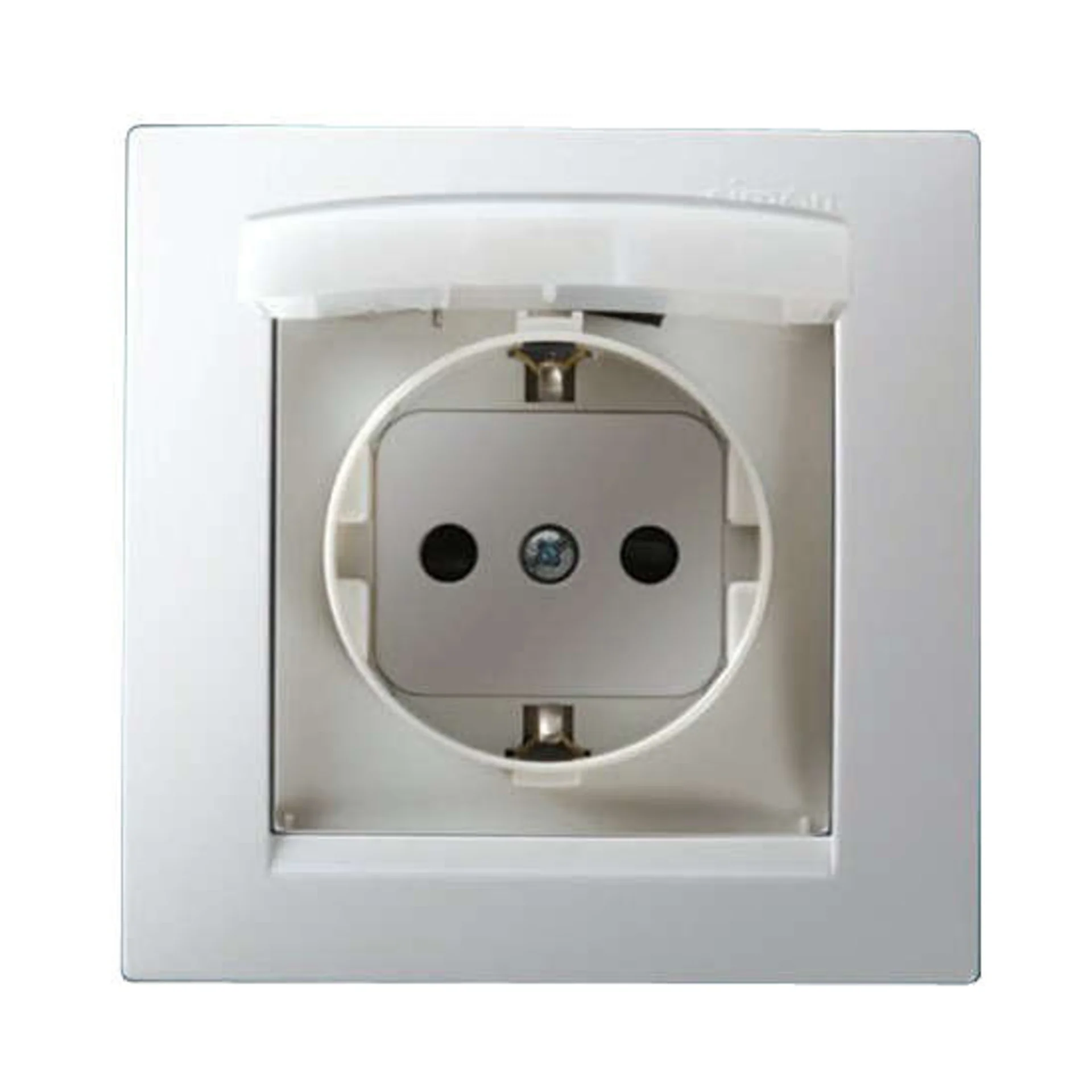 Розетка 1-м СП Simon15 16А IP44 250В с заземл. Schuko защ. шторки с крышкой винт. клеммы бел. Simon