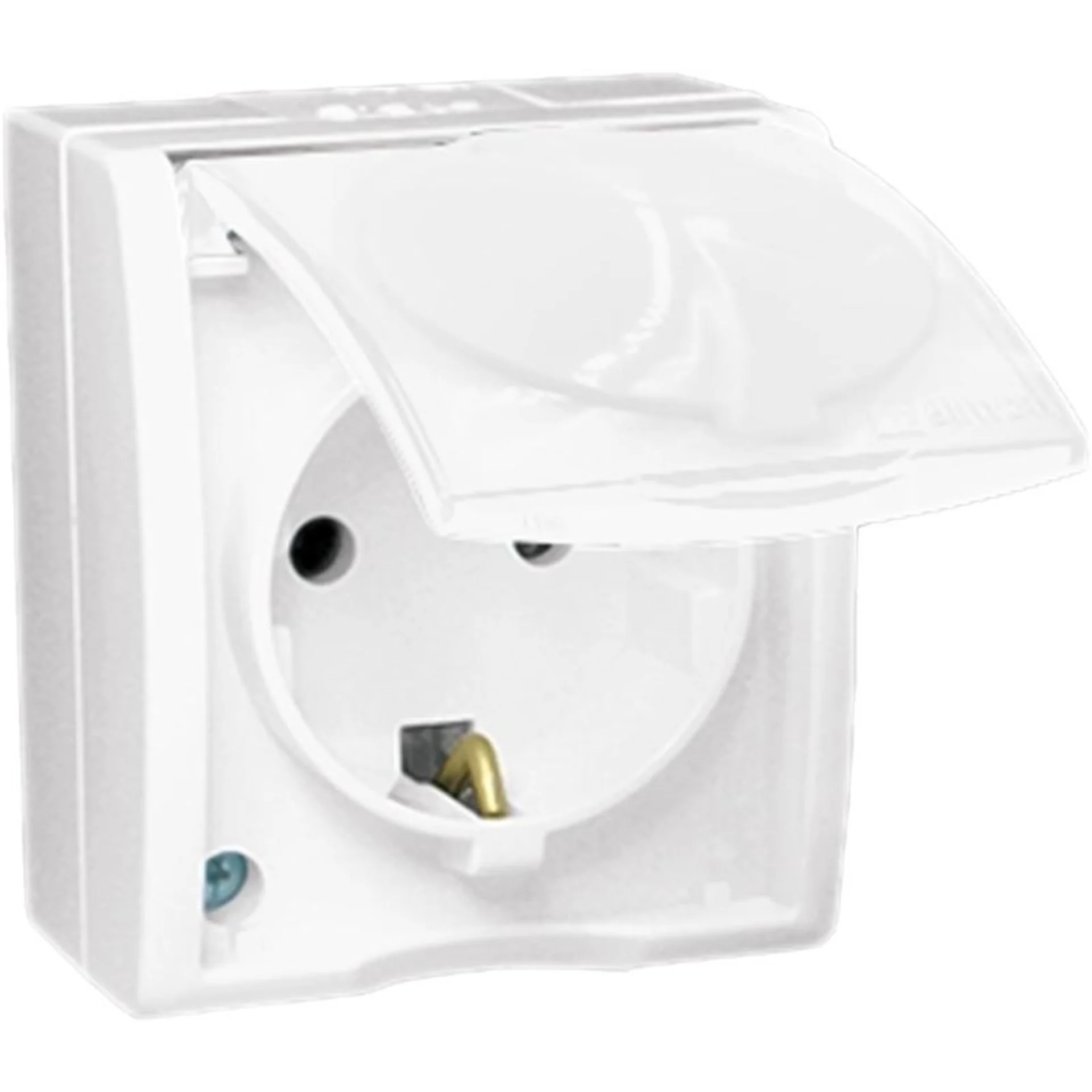 Розетка 1-м ОП Simon15 16А IP54 250В с заземл. Schuko защ. шторки с крышкой винт. клеммы бел. Simon