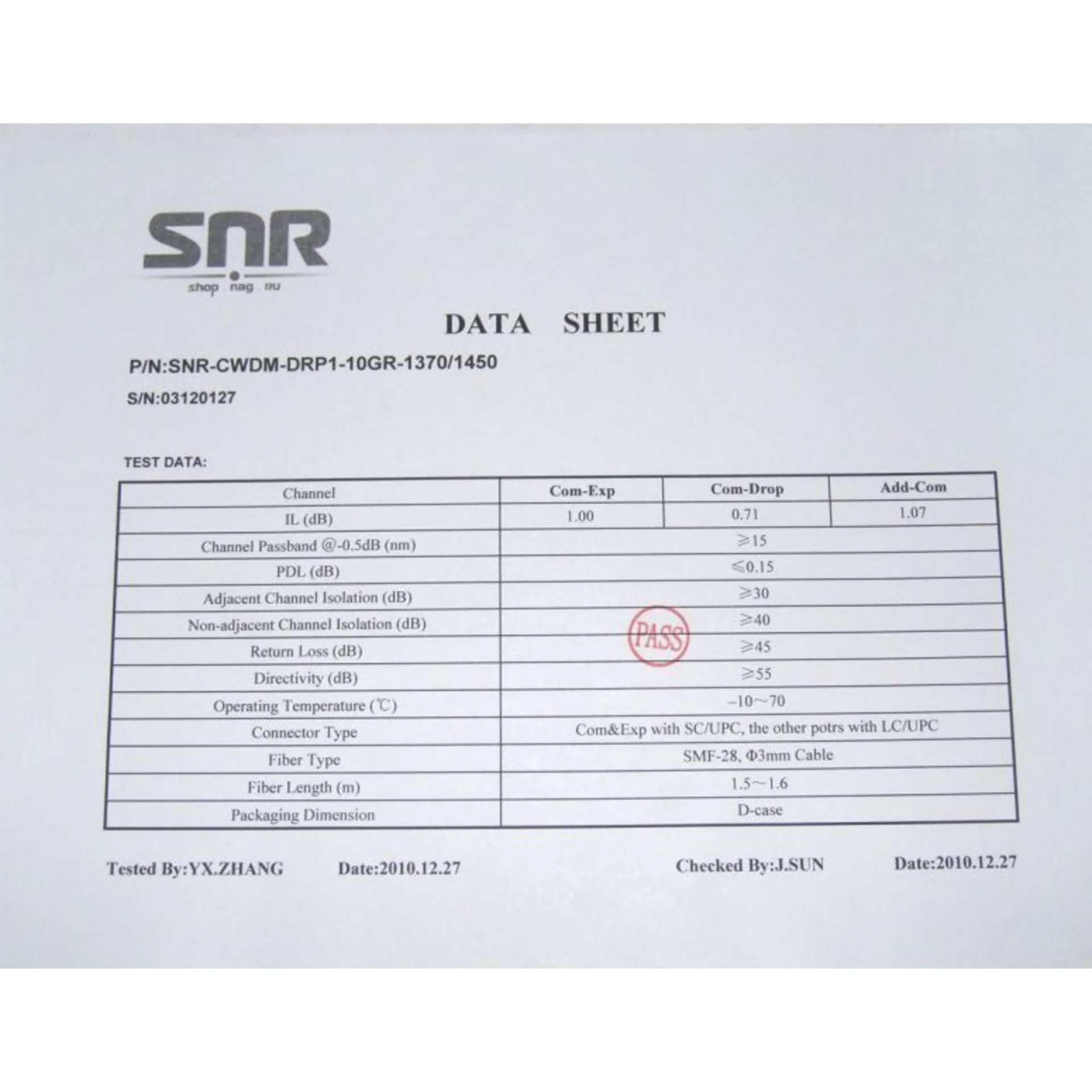 Модуль Add/Drop SNR-CWDM-10GR-OADM1-1370/1450