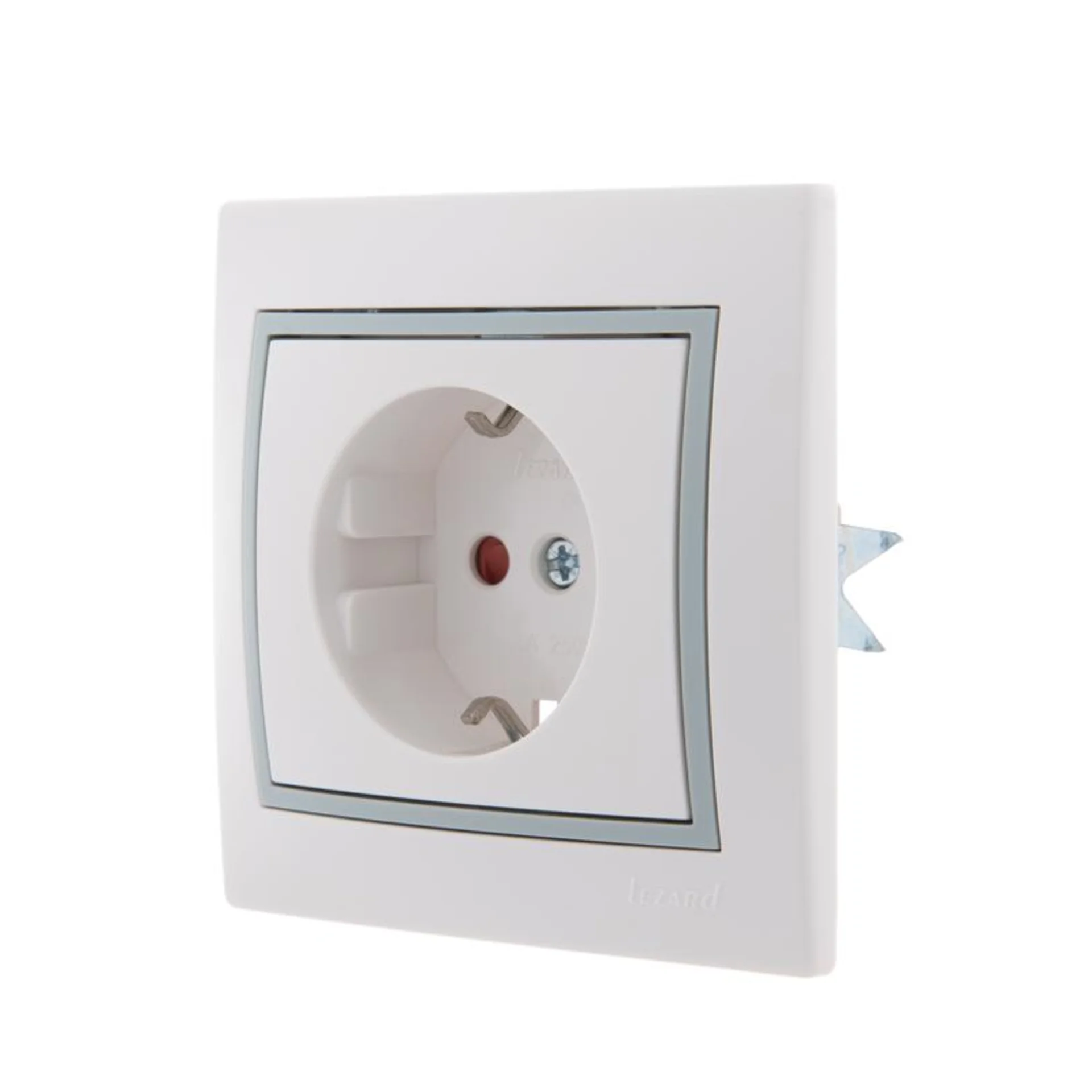 Розетка 1-м СП Mira 16А IP20 с заземл. защ. шторки с сер. вставкой керамика бел. LEZARD 701-0215-124