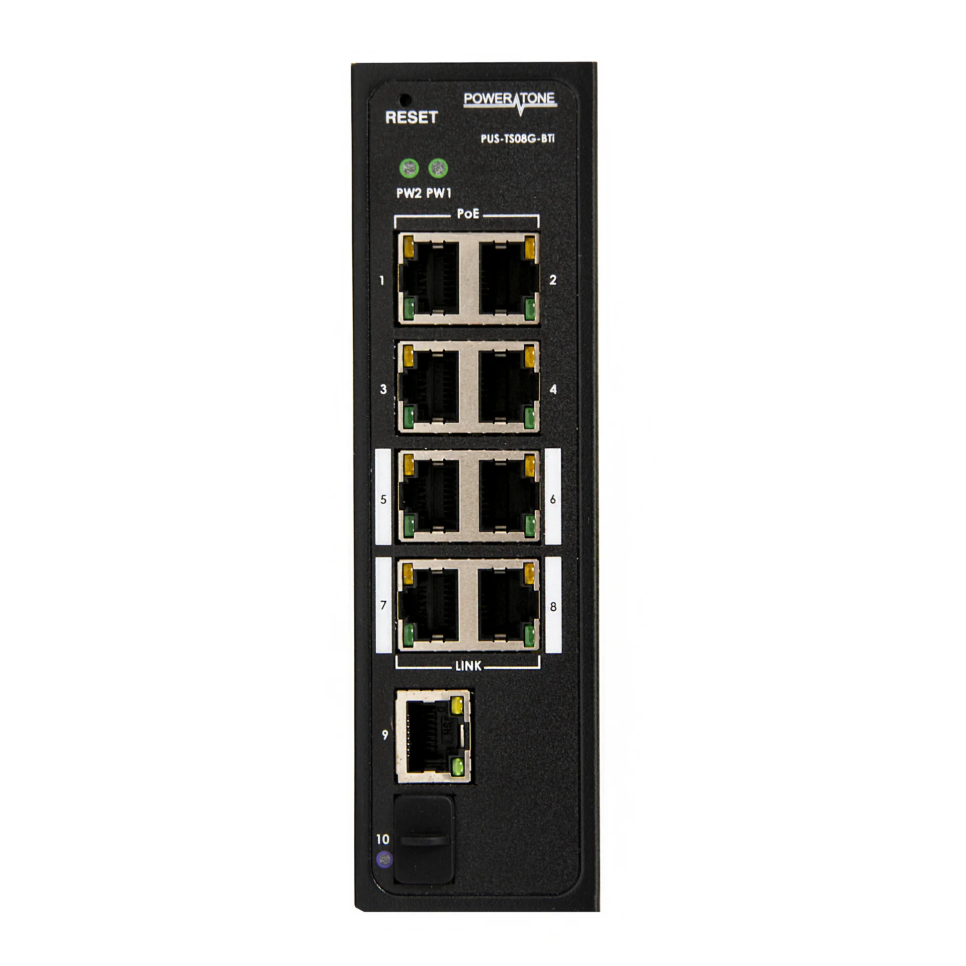 Неуправляемый промышленный 8 портовый PoE коммутатор POWERTONE PUS-TS08G-BTi с 4 портами до 90Вт