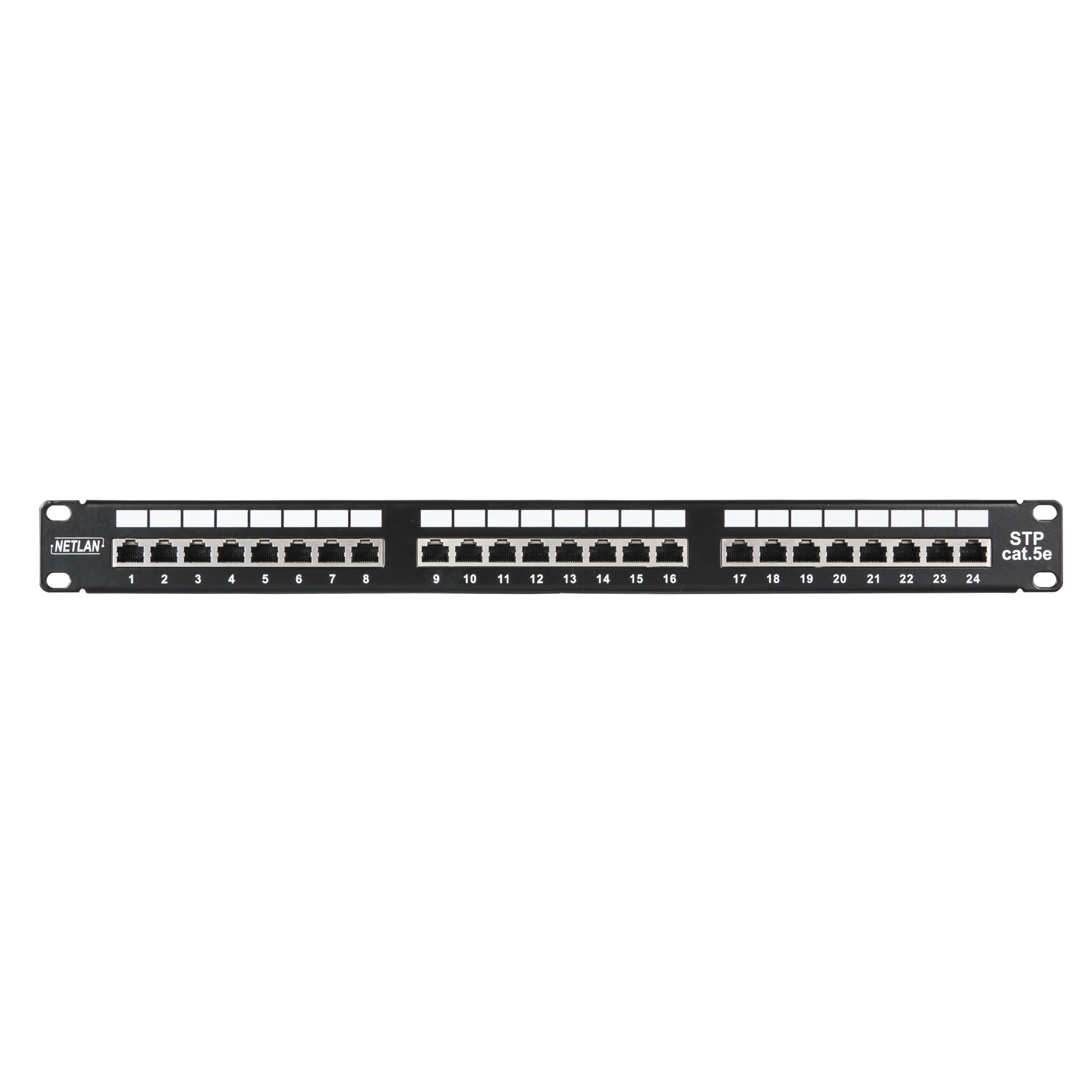 Коммутационная панель NETLAN 19", 1U, 24 порта, Кат.5e (Класс D), 100МГц, RJ45/8P8C, 110/KRONE, T568A/B, экранированная, черная