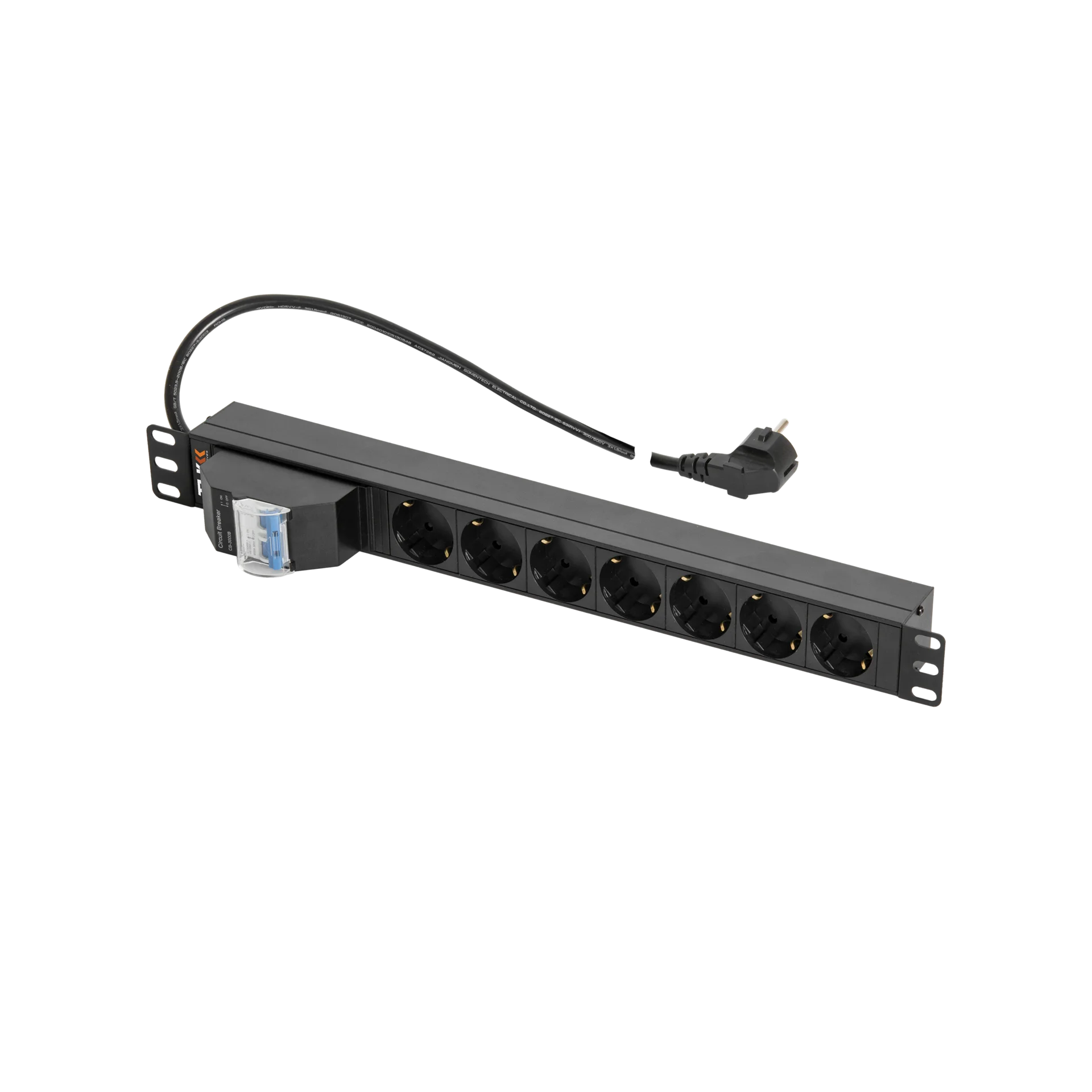 Блок электрических розеток TLK, 19", 7 гнезд "евророзетка", 16A, двухполюсный автомат 16А, шнур питания 2 метра, "евровилка", сечение 3*1,5 мм2