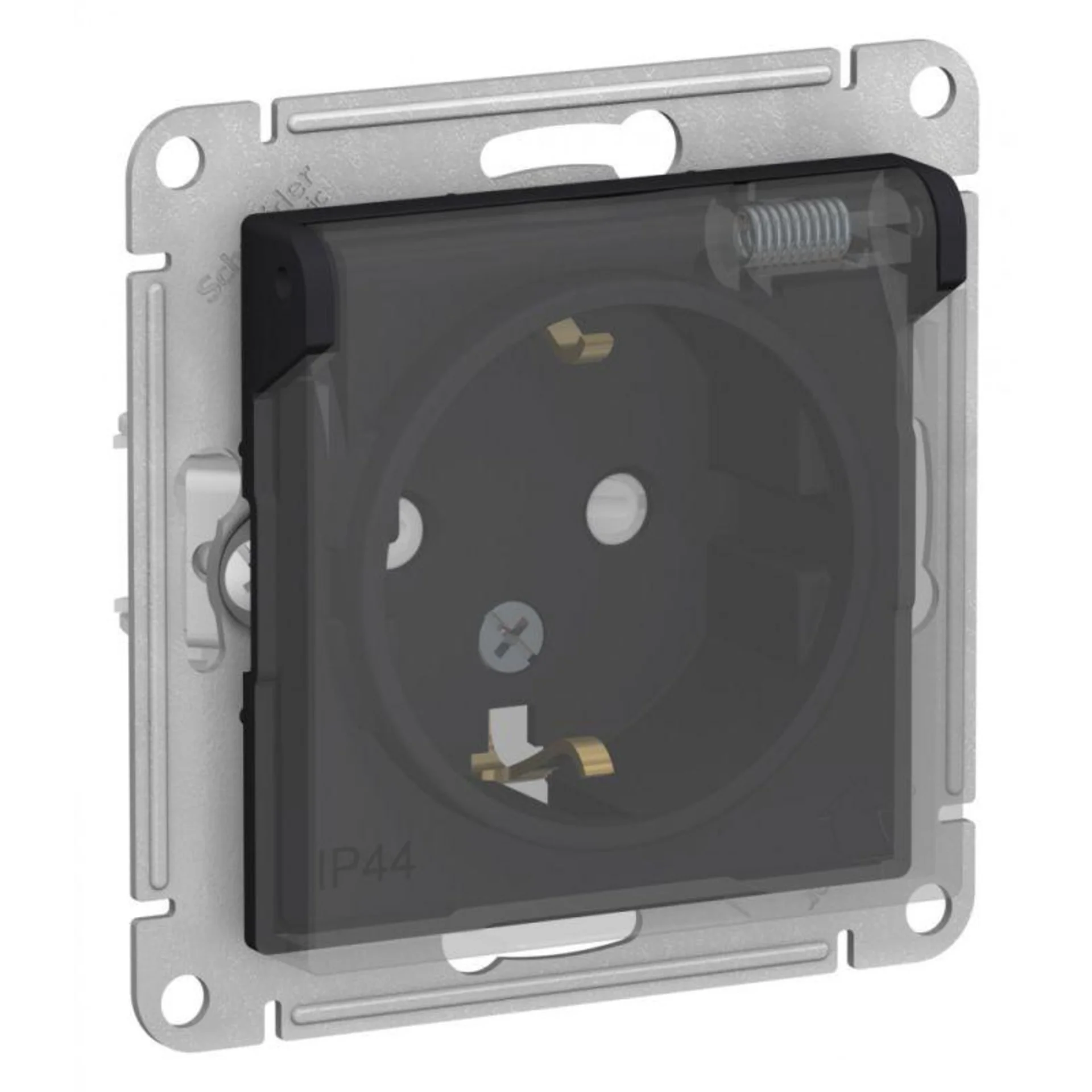 Розетка 1-м СП AtlasDesign Aqua 16А IP44 с заземл. защ. шторки с прозр. крышкой механизм карбон SE A