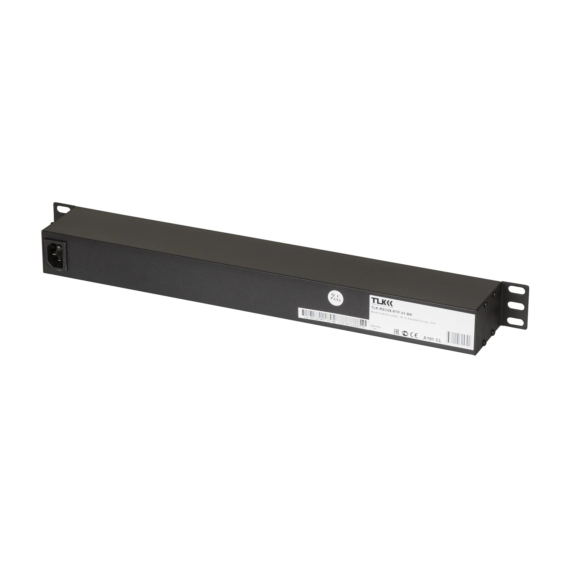 Блок электрических розеток TLK, 19", 8 гнезд евророзетка, макс. нагрузка 10 А, без шнура питания, вход С14 + предохранитель 10 А