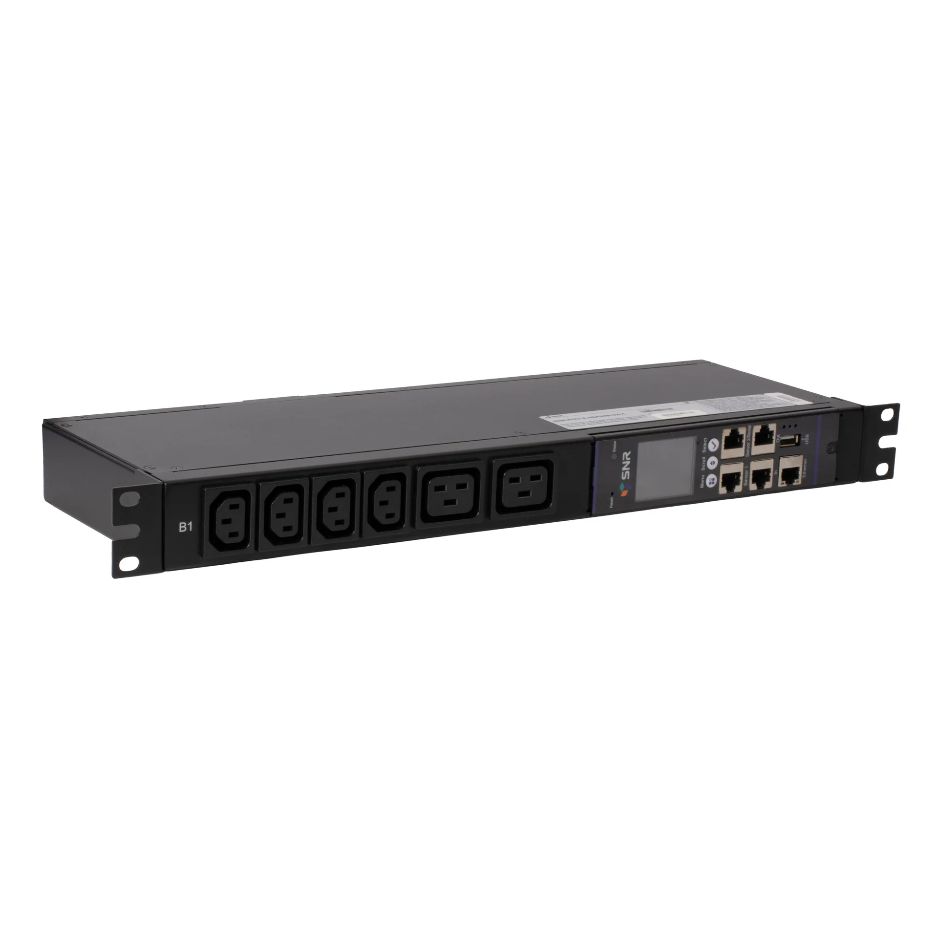 Блок розеток с функцией измерения серии SNR тип A 1U 19" выход 8*C13 и 4*С19 с защитой от перегрузки вход 32A IEC60309 (1P+N+E)