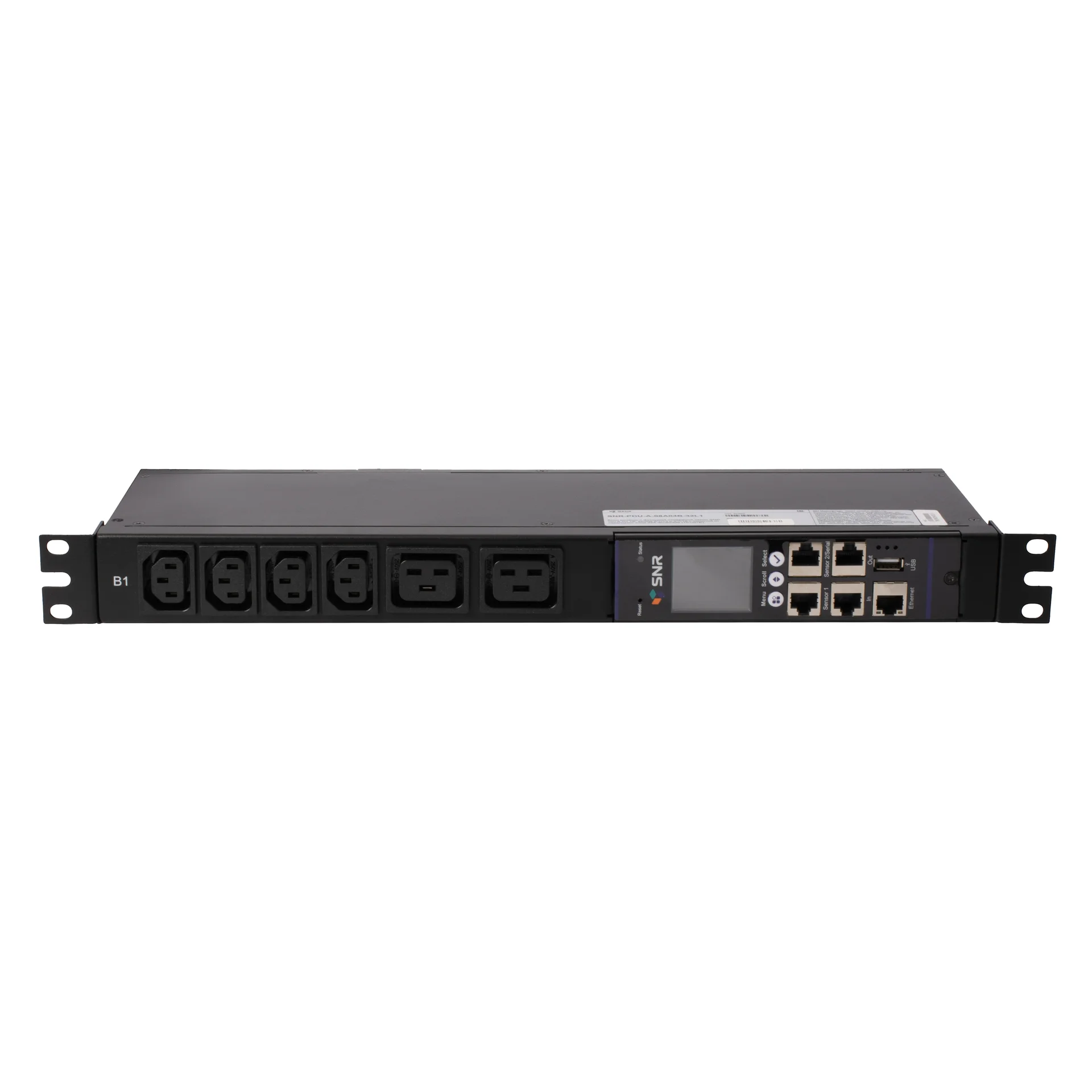 Блок розеток с функцией измерения серии SNR тип A 1U 19" выход 8*C13 и 4*С19 с защитой от перегрузки вход 32A IEC60309 (1P+N+E)