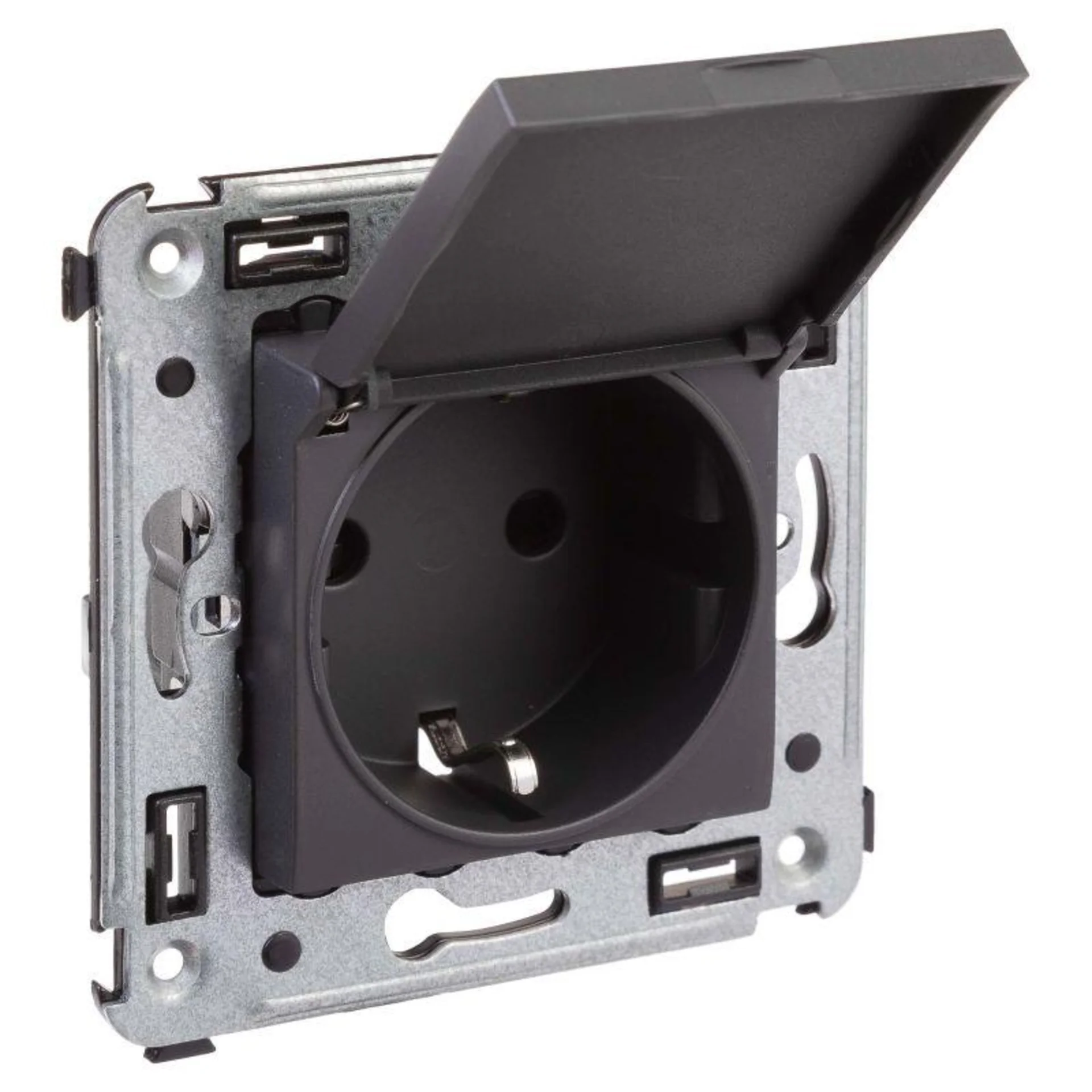 Розетка 1-м СП 2мод. Avanti "Черный матовый" 16А 2P+E защ. шторки с крышкой механизм черн. DKC 44120