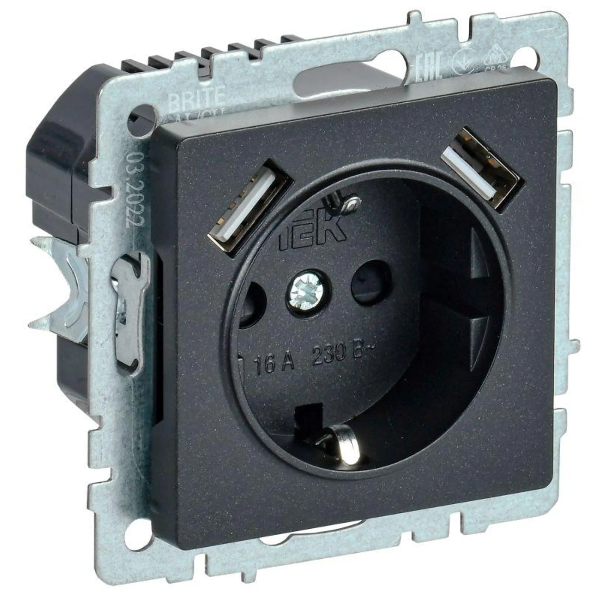 Розетка BRITE РЮш10-1-БрЧ 16А с USB A+A 2.1А с заземл. защ. шторки черн. IEK BR-R14-16-U21-D21-K02