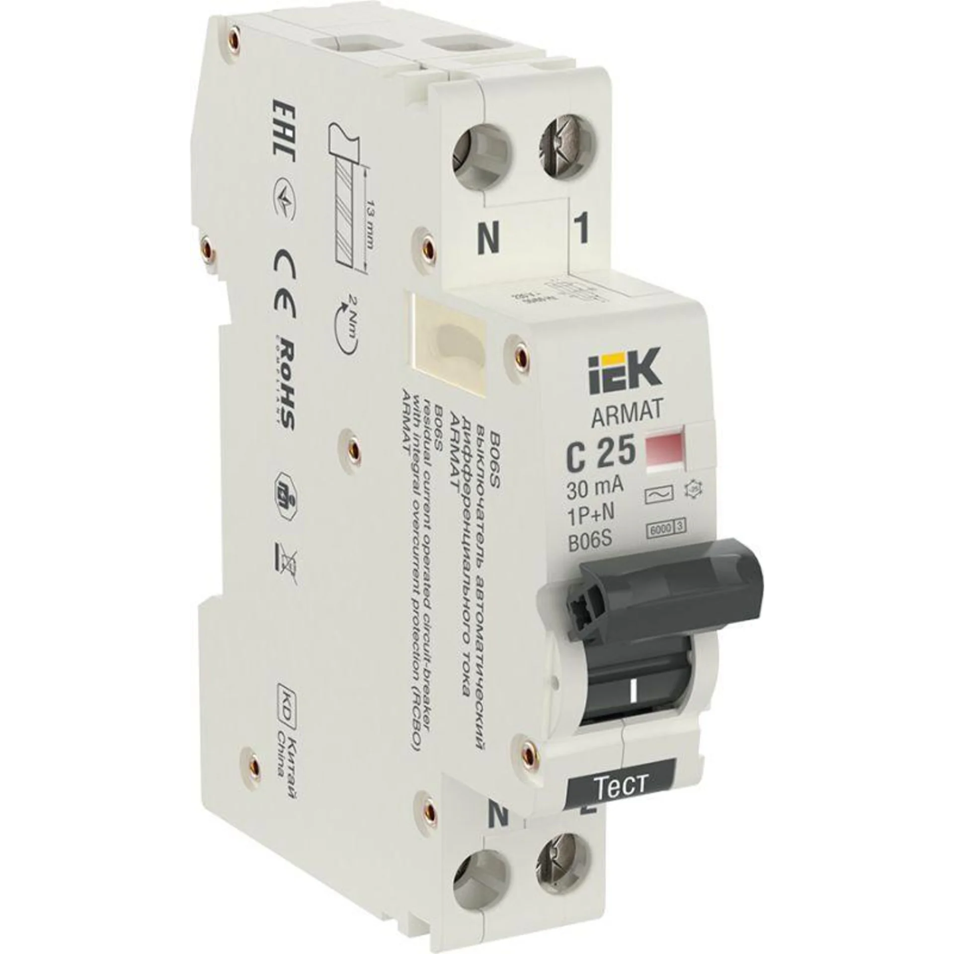 Выключатель автоматический дифференциального тока 2п (1P+N) C 25А 30мА тип AC АВДТ B06S 18мм ARMAT I
