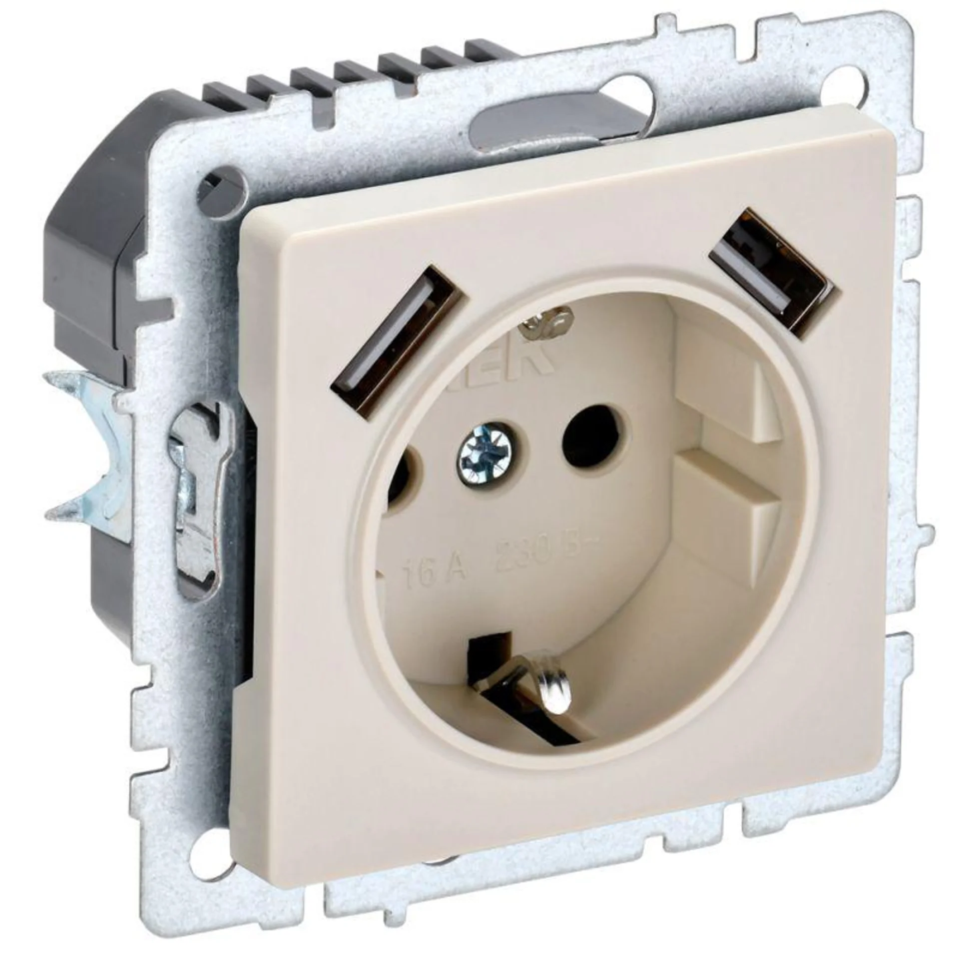 Розетка BRITE РЮш10-1-БрКр 16А с USB A+A 2.1А с заземл. защ. шторки беж. IEK BR-R14-16-U21-D21-K10