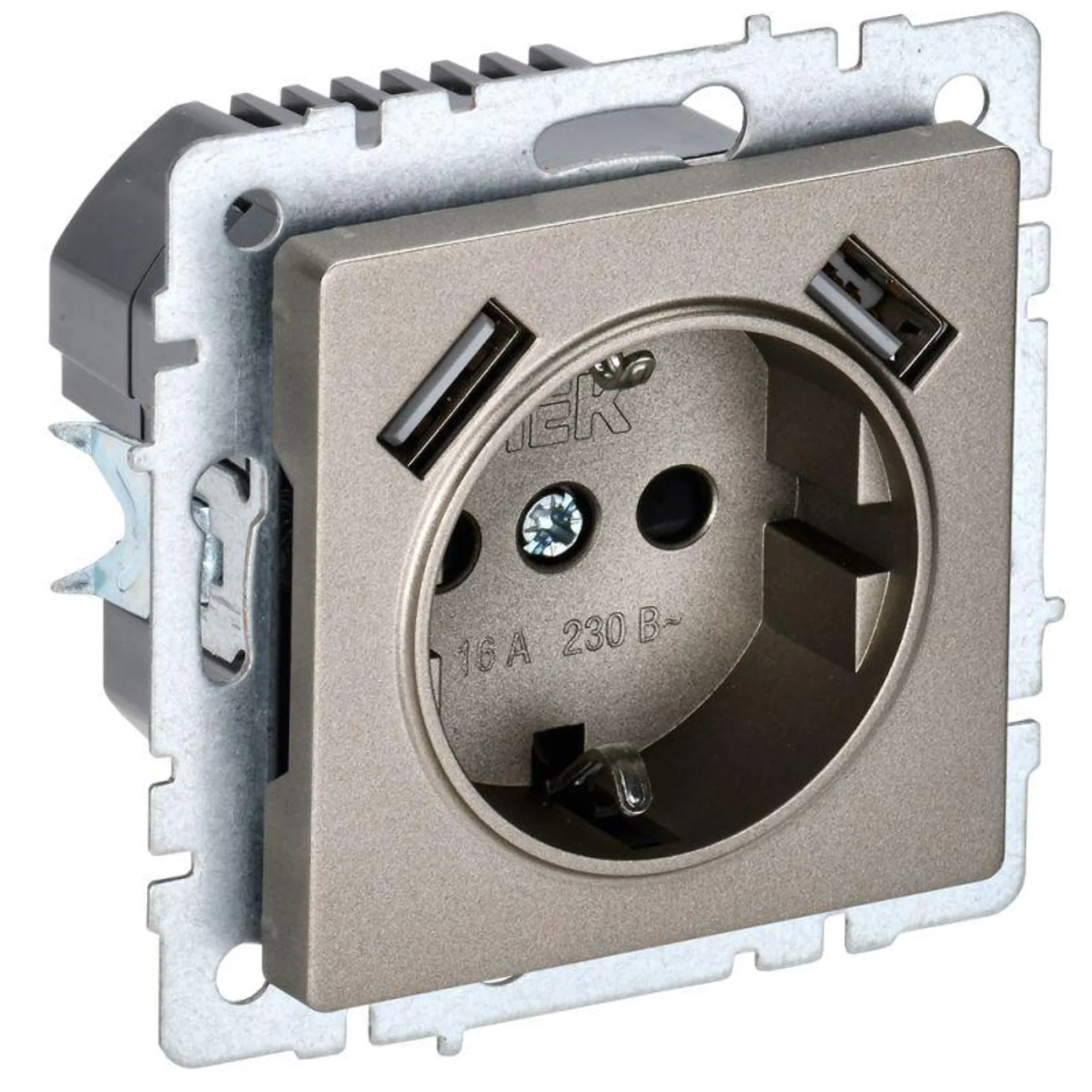 Розетка BRITE РЮш10-2-БрШ 16А с USB A+A 3.1А с заземл. защ. шторки шампань IEK BR-R14-16-U21-D31-K37