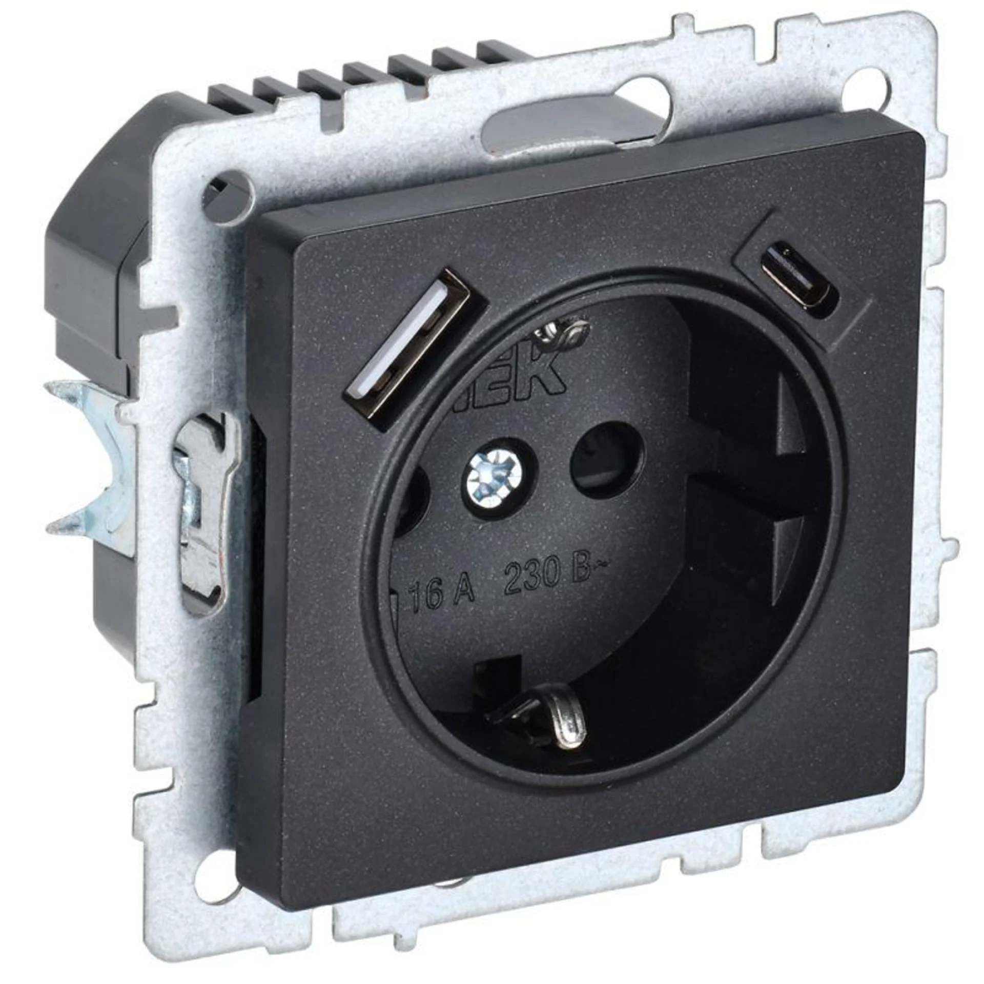 Розетка BRITE РЮш11-1-БрЧ 16А с USB A+C 18Вт с заземл. защ. шторки черн. IEK BR-R14-16-U22-018-K02