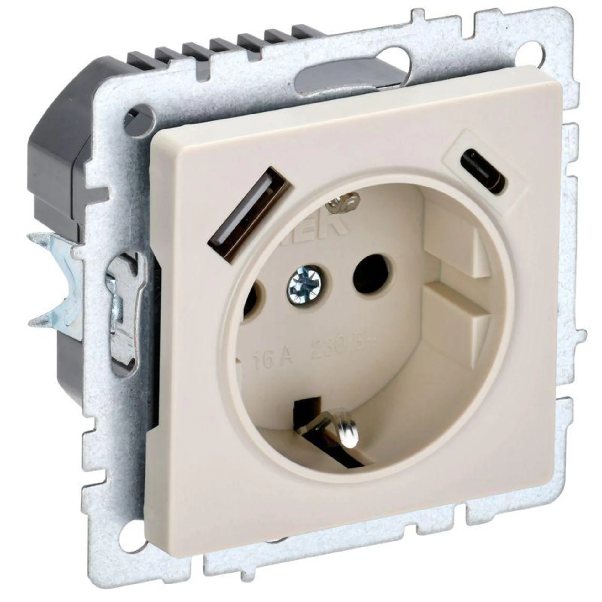 Розетка BRITE РЮш11-1-БрКр 16А с USB A+C 18Вт с заземл. защ. шторки беж. IEK BR-R14-16-U22-018-K10