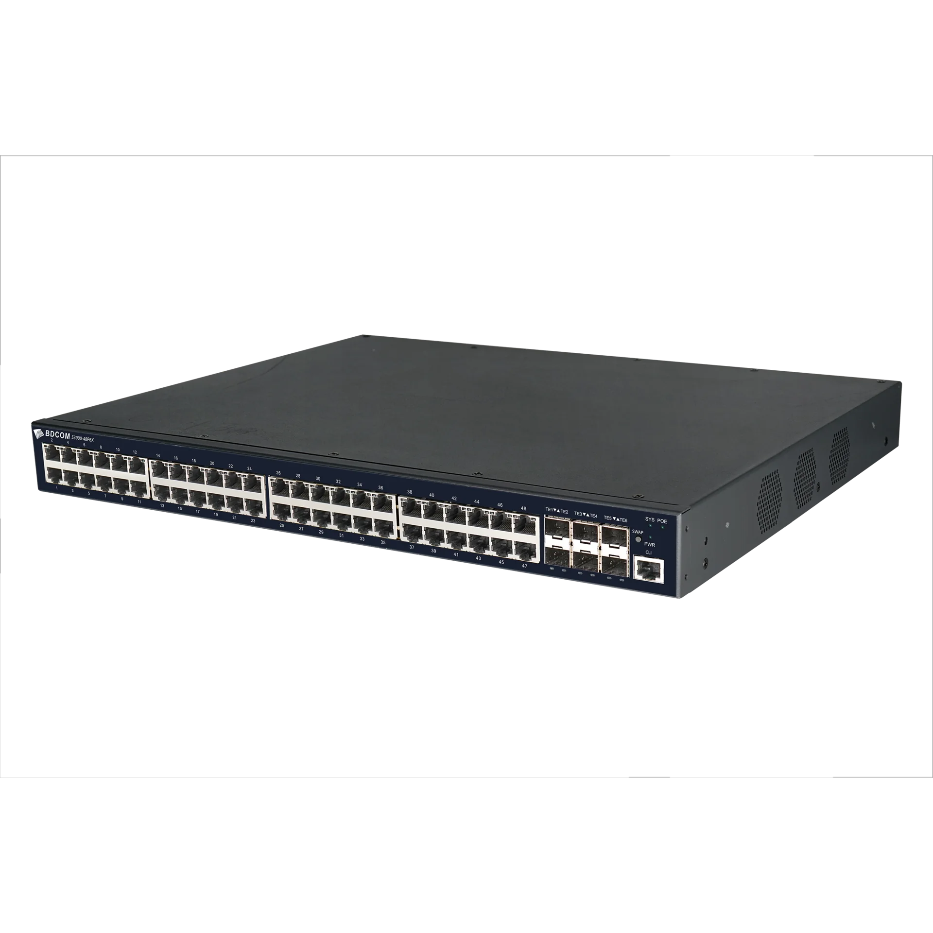 Управляемый PoE коммутатор уровня 3 BDCOM S3900-48P6X, 48x 10/100/1000BaseT PoE 802.3af/at до 740W, 6x 1/10GE SFP+, Hot Swap БП 1+1