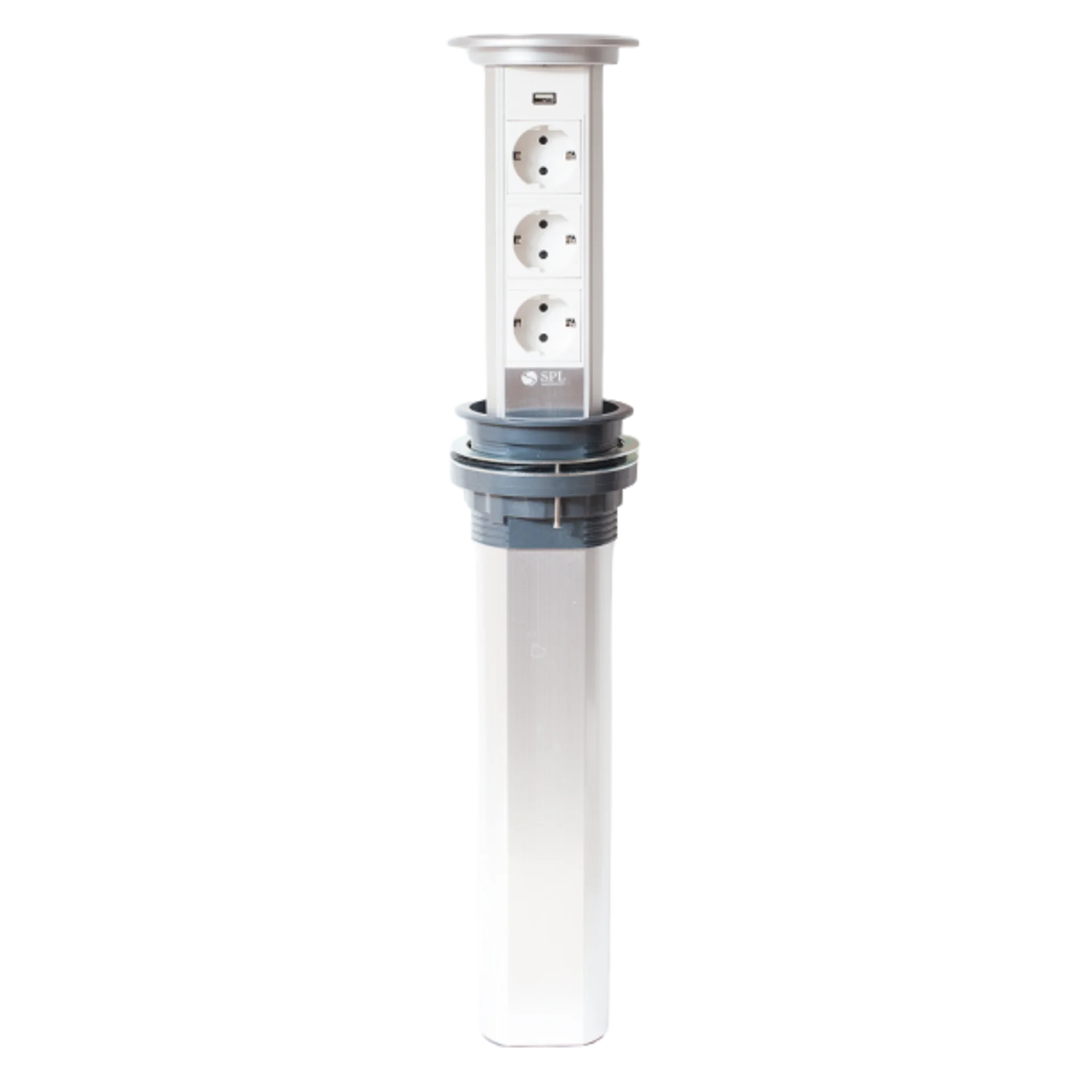 Блок розеточный настольный, 3х2К+З, 1-USB (45х45) автоматический , выдвижной, алюминий, IP54