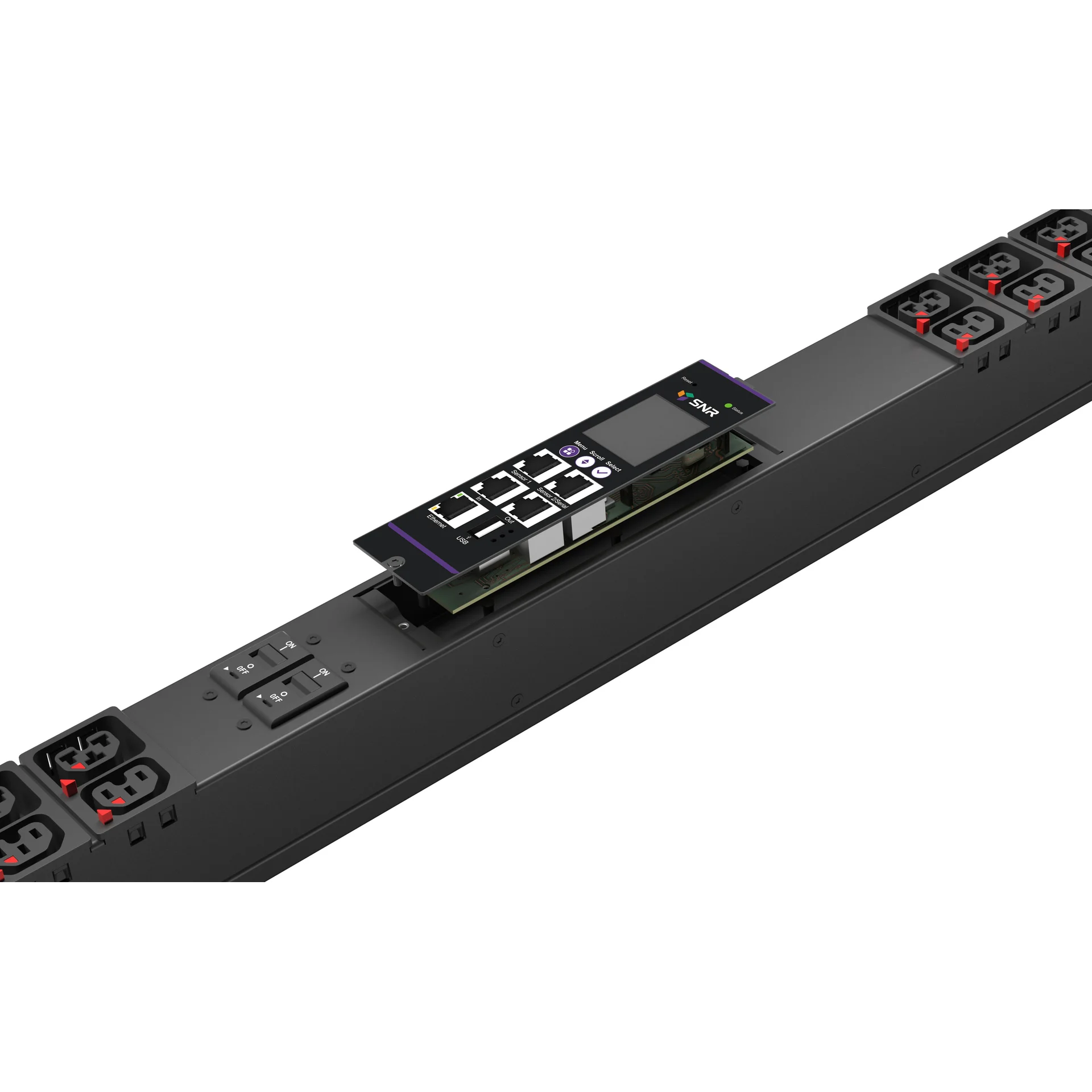 Блок розеток с функцией измерения серии SNR тип A выход 24*C13/19L и 24*C13L с фиксаторами вход 32A IEC60309 (3P+N+E)