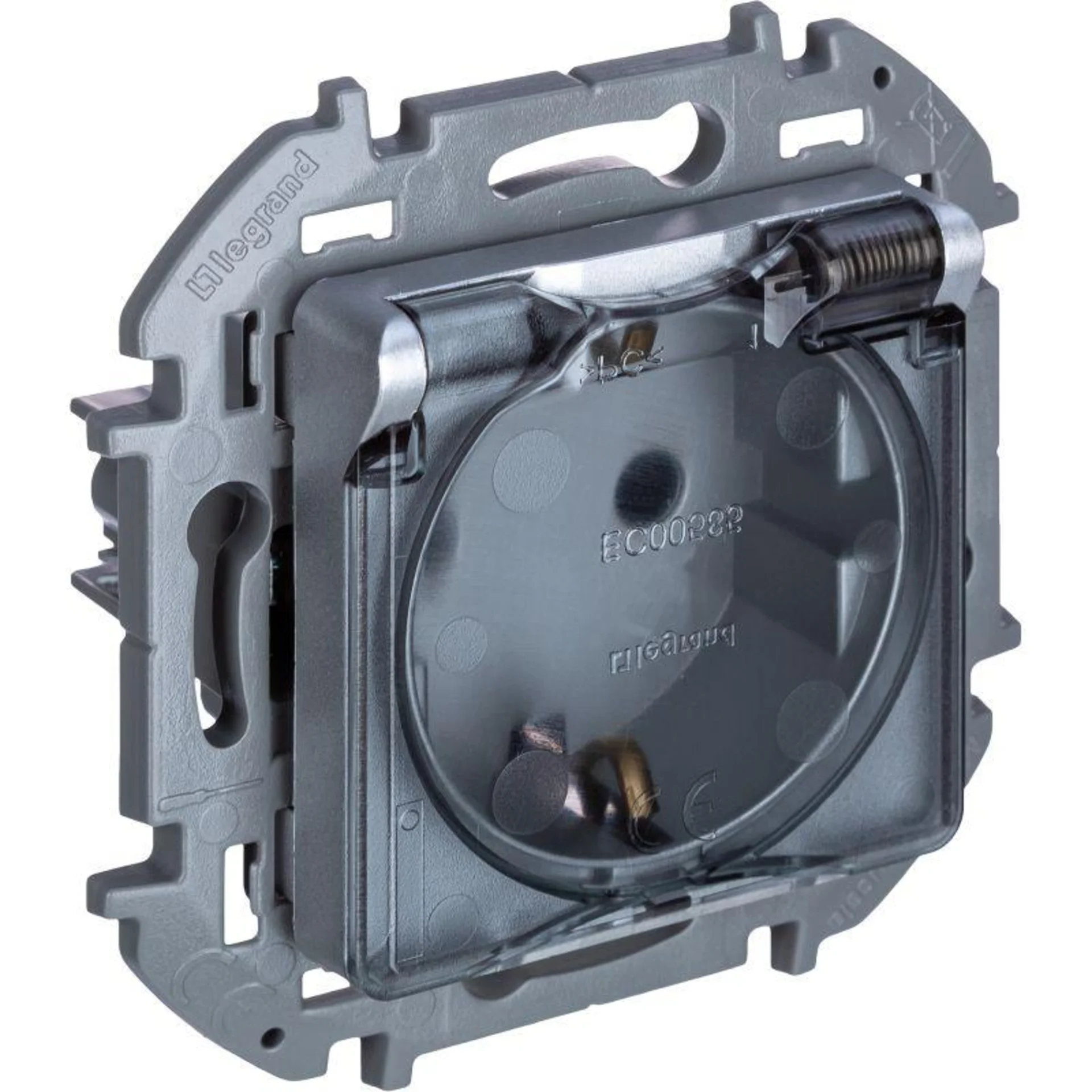 Розетка 1-м СП Inspiria 16А IP44 250В 2P+E защ. шторки с крышкой немецк. стандарт механизм алюм. Leg