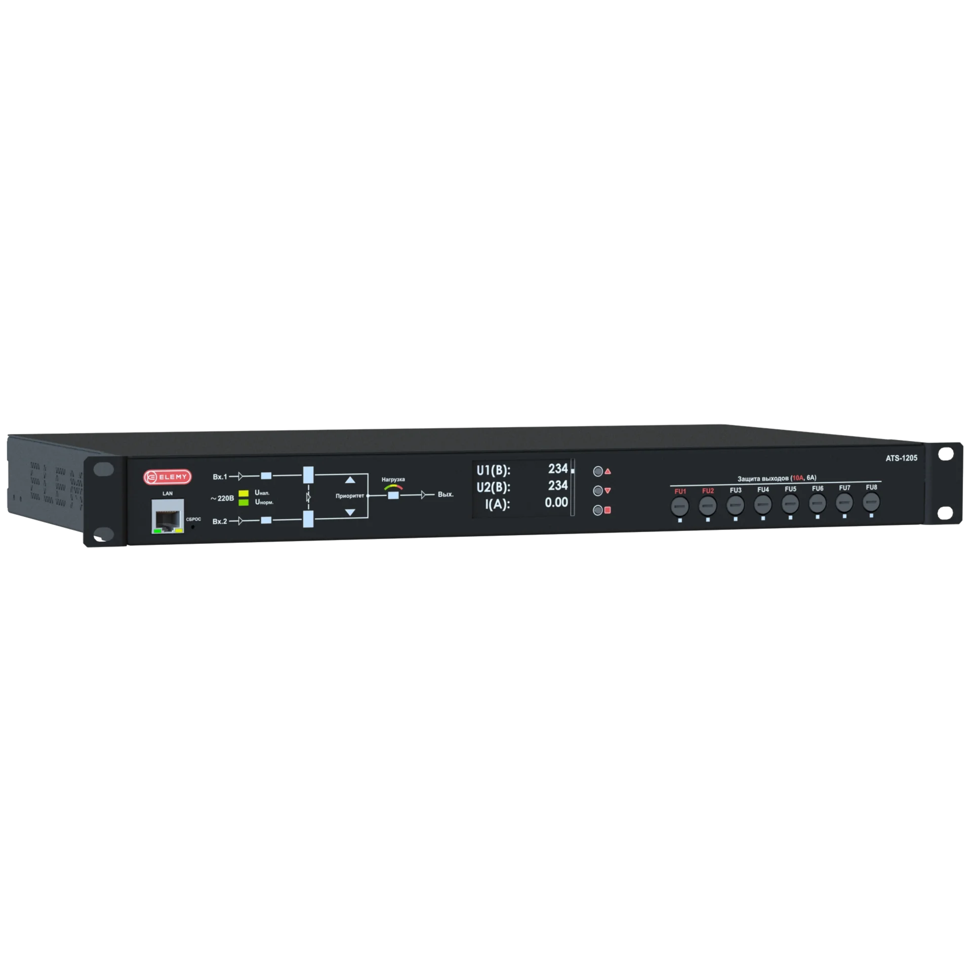 Автоматический стоечный переключатель ELEMY ATS-1205/16 1U, 220В, 16А, вход 2хC20, выход 2хC19/9хC13