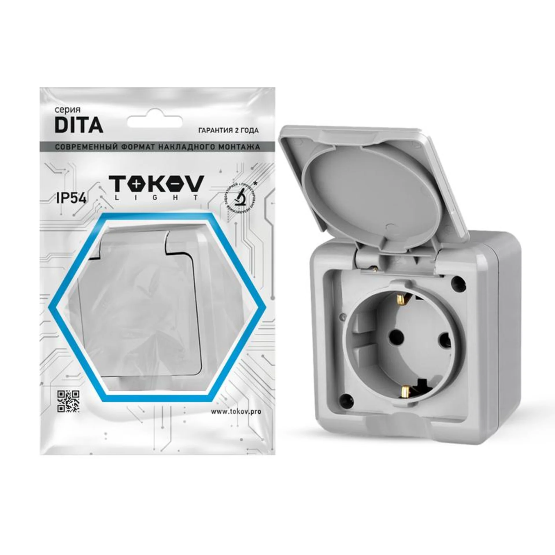 Розетка 1-м ОП Dita 16А IP54 250В с заземл. с крышкой сер. TOKOV ELECTRIC TKL-DT-R1Z-C06-IP54