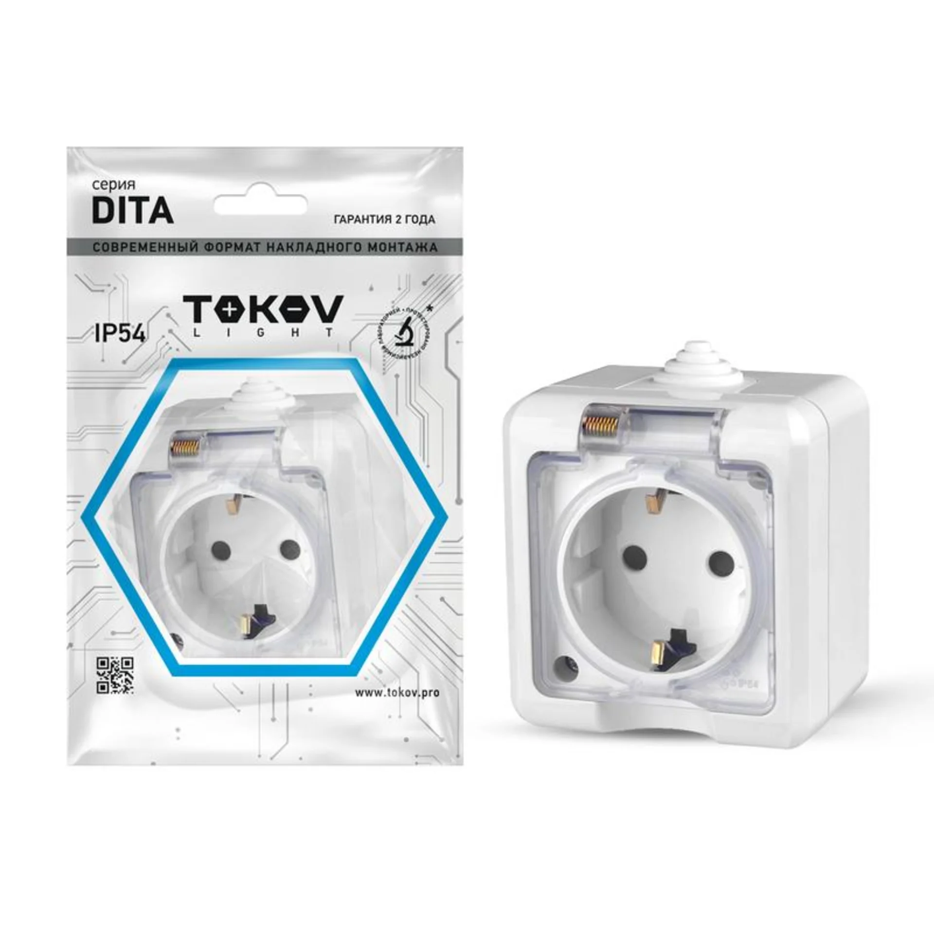 Розетка 1-м ОП Dita 16А IP54 250В с заземл. с прозр. крышкой бел. TOKOV ELECTRIC TKL-DT-R1Z-C01T-IP5