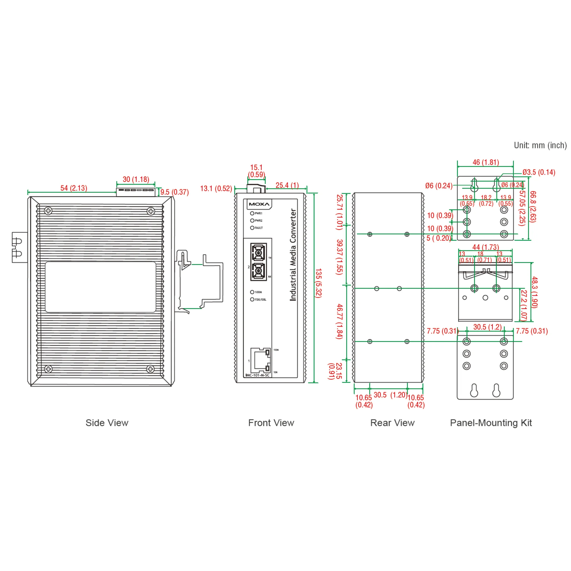 Медиаконвертер Ethernet 10/100BaseTX в 100BaseFX (одномодовое оптоволокно) в металлическом корпусе с расширенным диапазоном температур MOXA